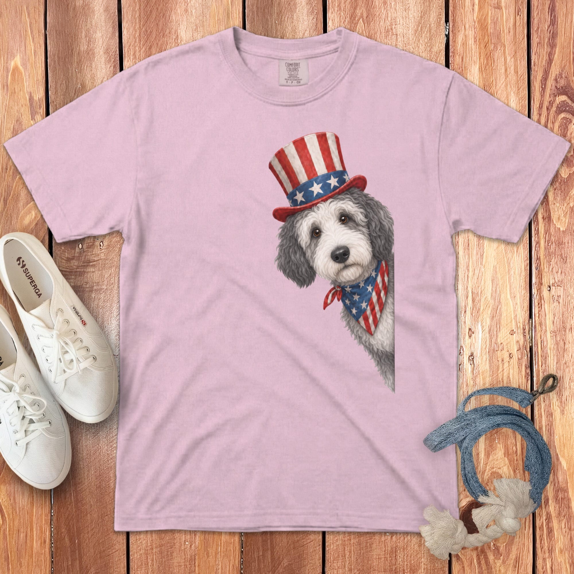 Patriotic Peeking Sheepadoodle Signature T-Shirt in Blossom / S by Puppy Jo