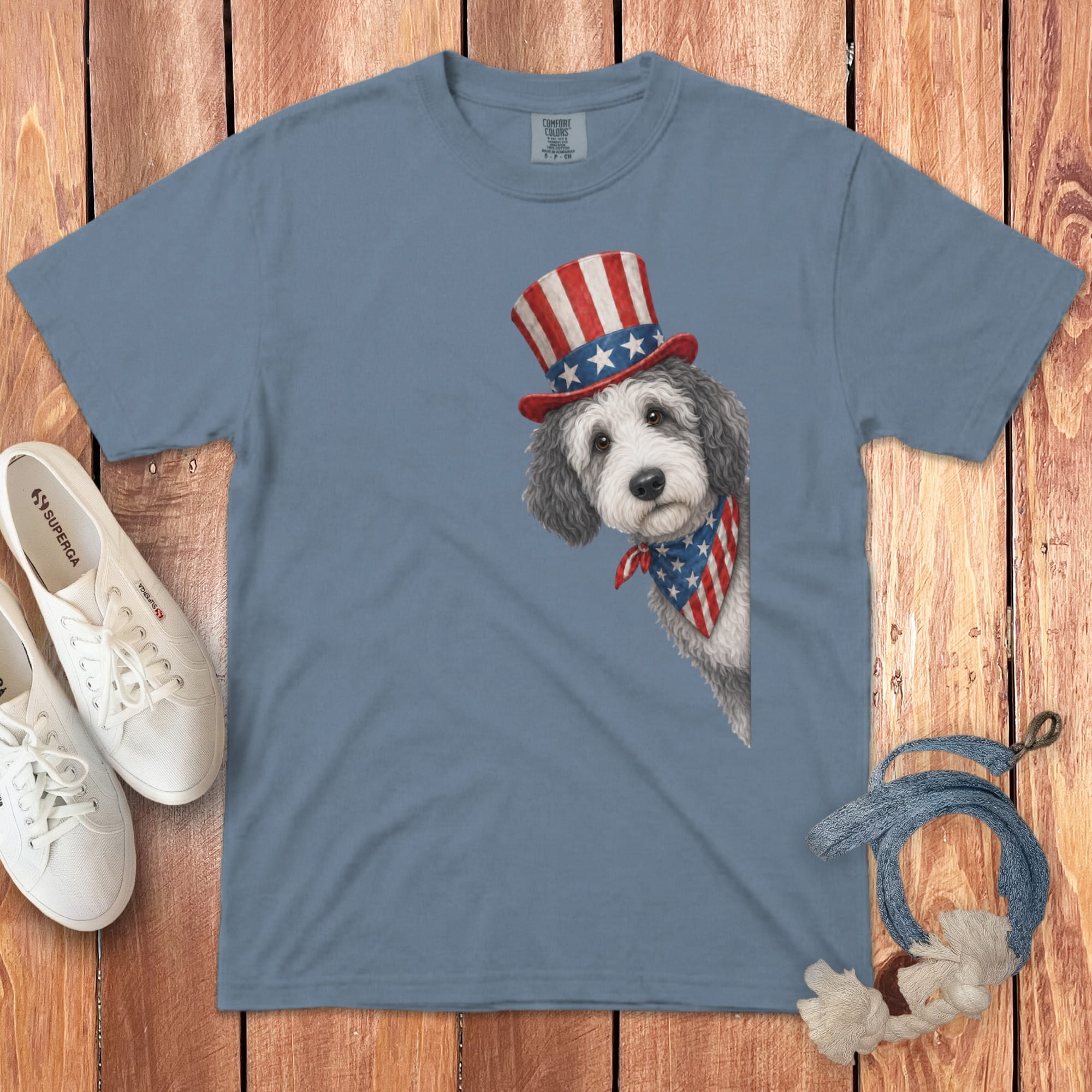 Patriotic Peeking Sheepadoodle Signature T-Shirt in Blue Jean / S by Puppy Jo