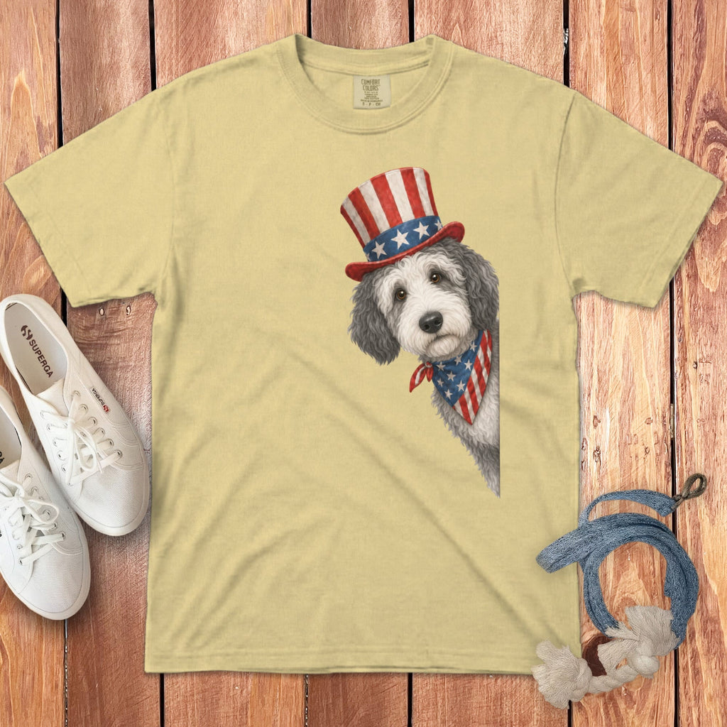 Patriotic Peeking Sheepadoodle Signature T-Shirt in Butter / S by Puppy Jo