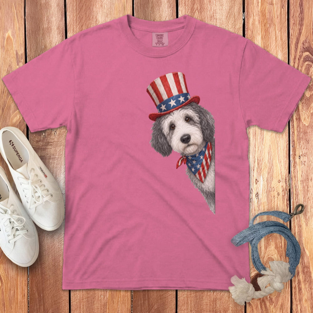 Patriotic Peeking Sheepadoodle Signature T-Shirt in Crunchberry / S by Puppy Jo