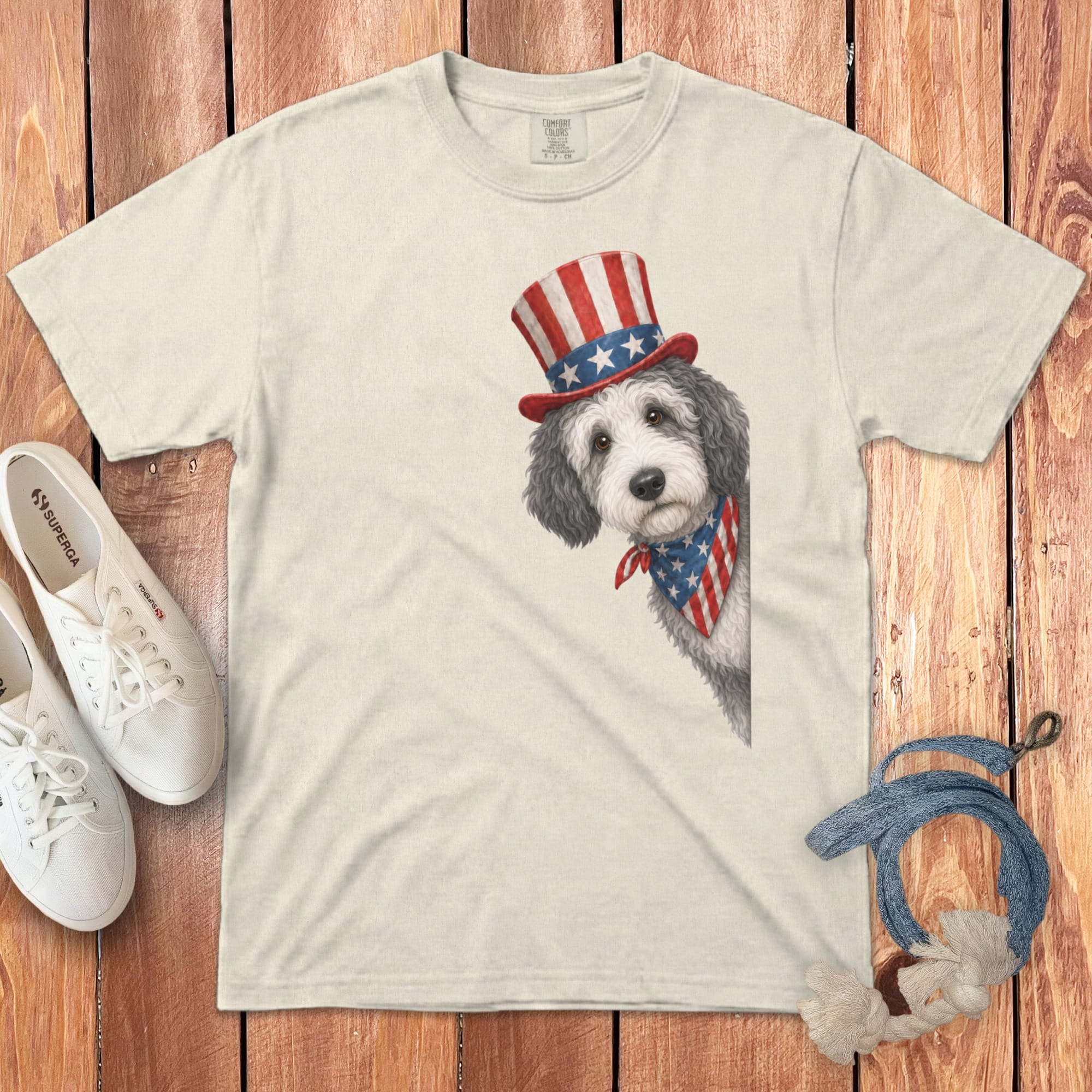 Patriotic Peeking Sheepadoodle Signature T-Shirt in Ivory / S by Puppy Jo