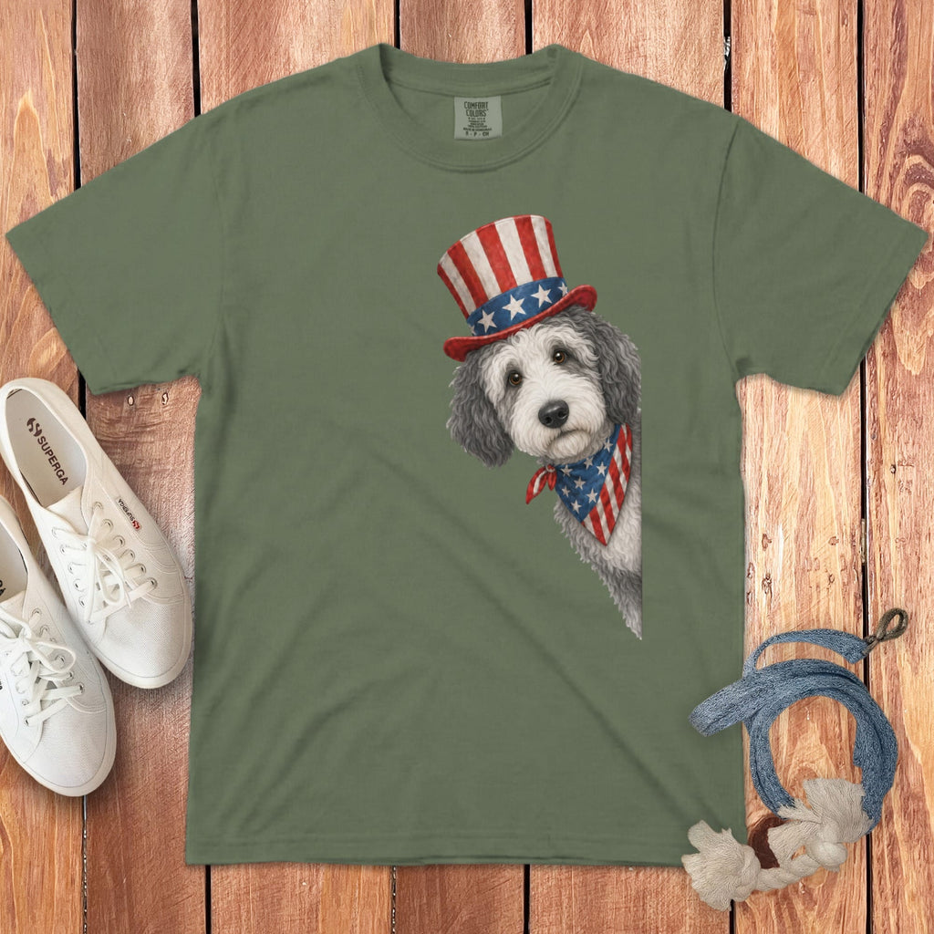 Patriotic Peeking Sheepadoodle Signature T-Shirt in Moss / S by Puppy Jo