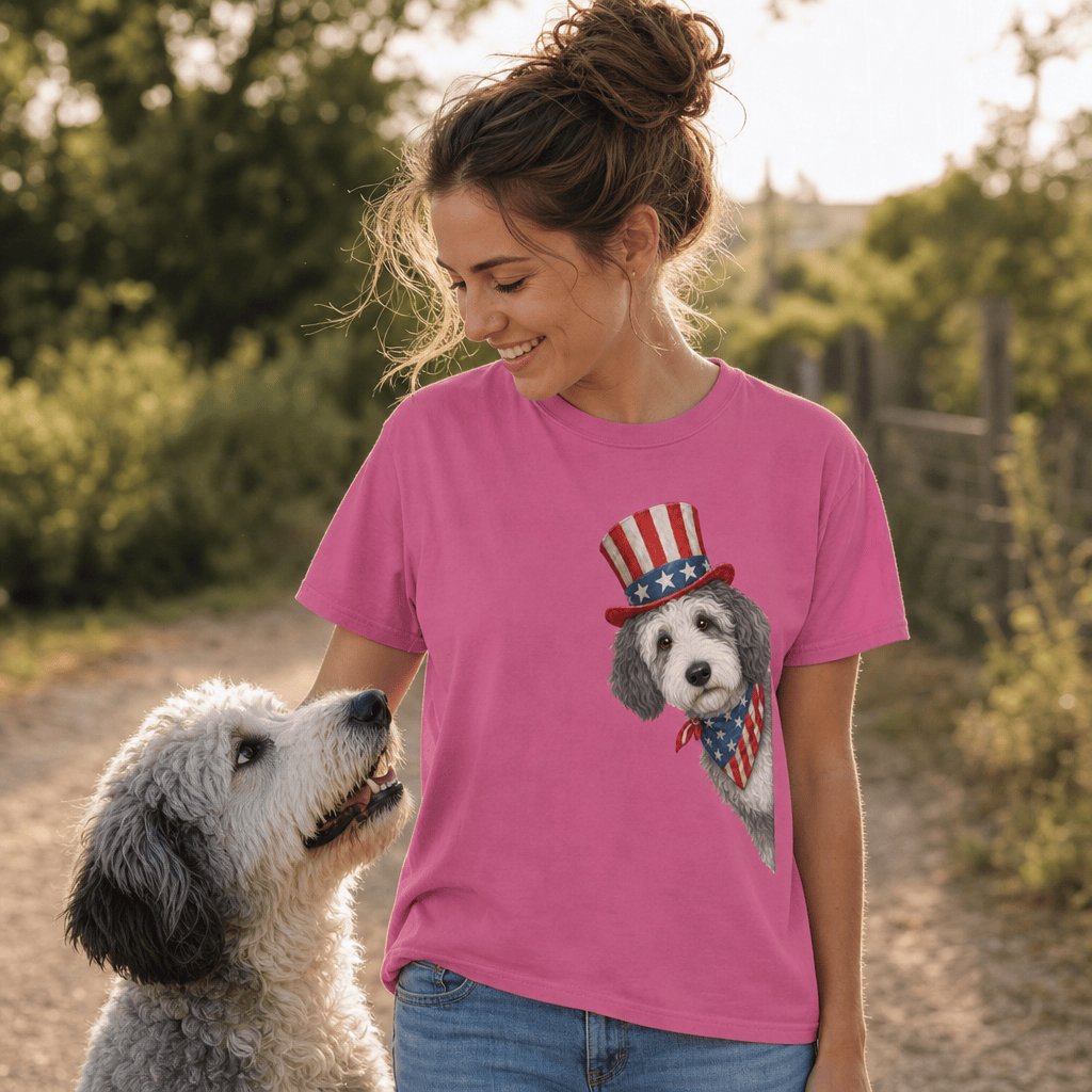 Patriotic Peeking Sheepadoodle Signature T-Shirt in by Puppy Jo