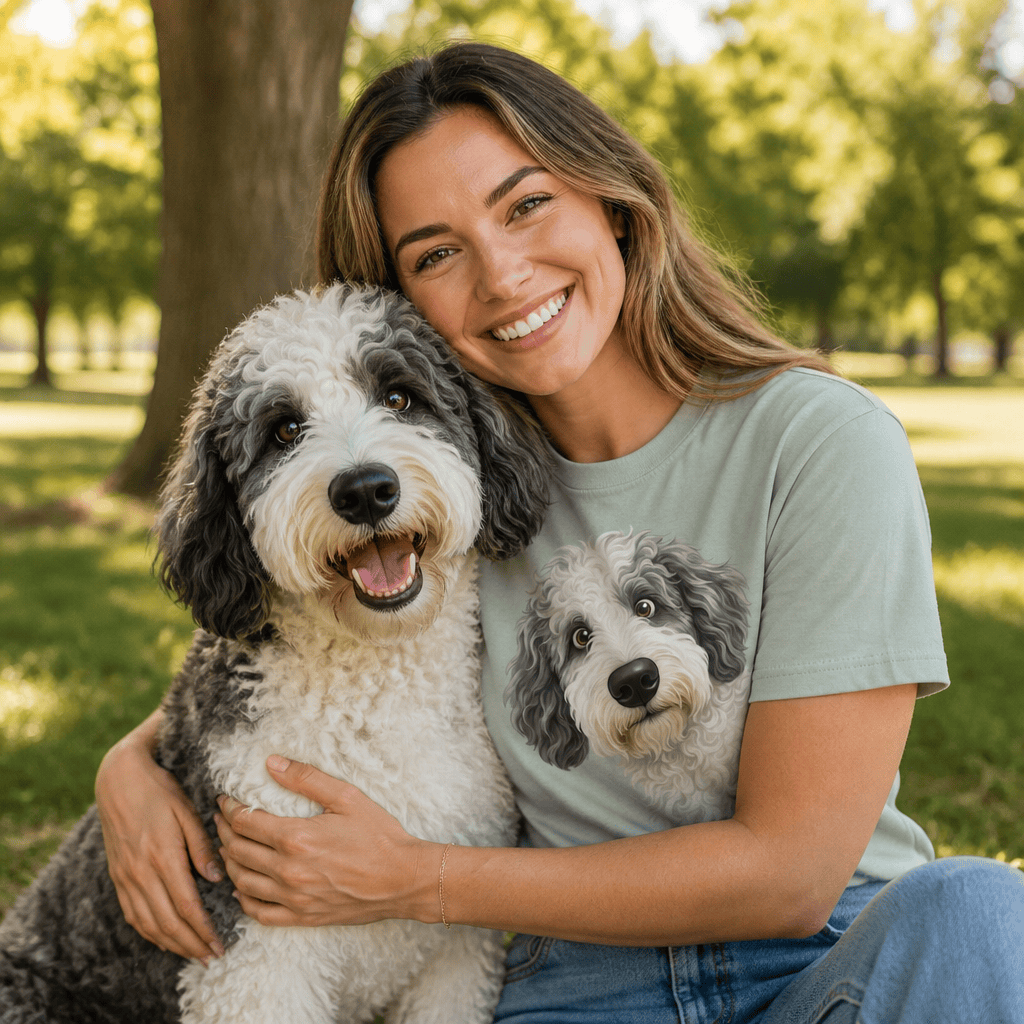 Patriotic Peeking Sheepadoodle Signature T-Shirt in by Puppy Jo