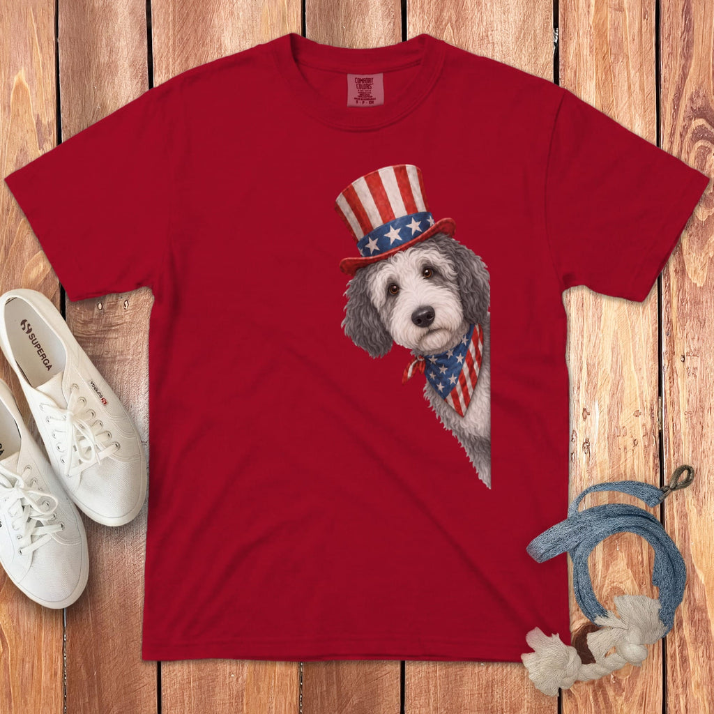 Patriotic Peeking Sheepadoodle Signature T-Shirt in Red / S by Puppy Jo