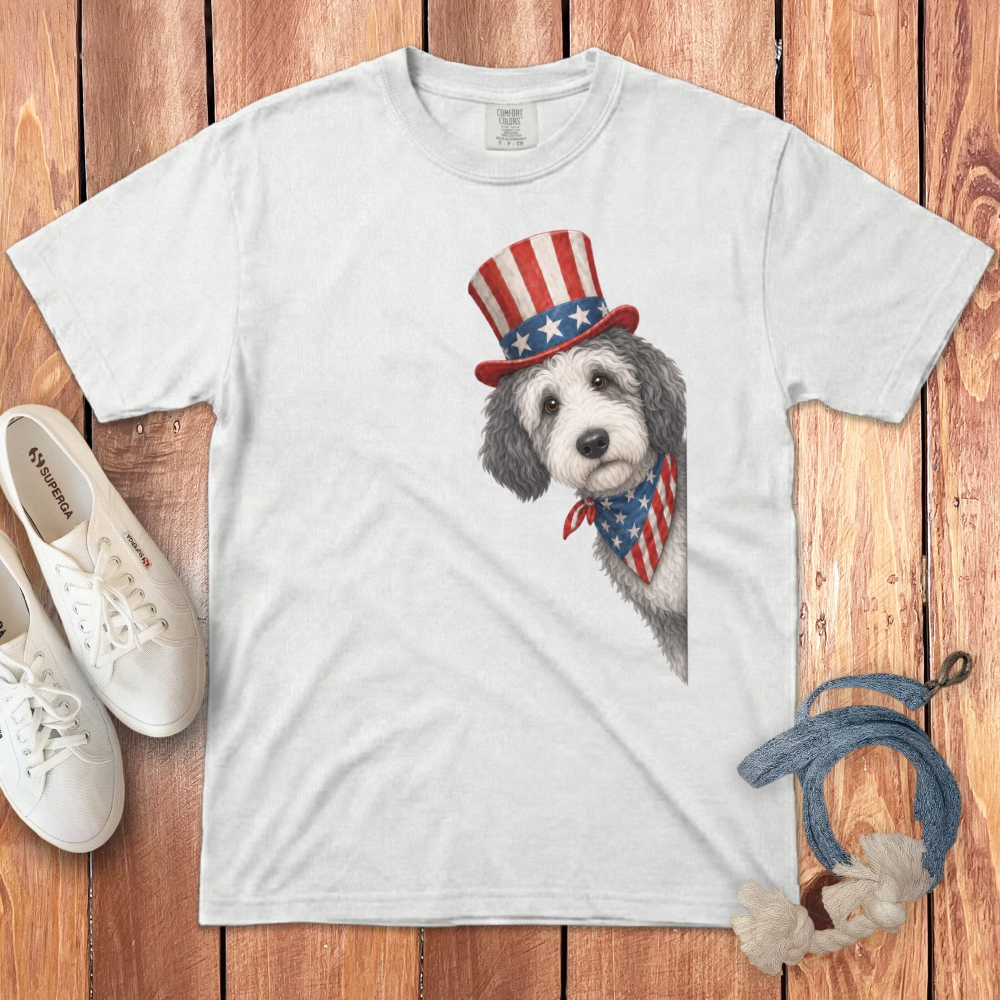 Patriotic Peeking Sheepadoodle Signature T-Shirt in White / S by Puppy Jo