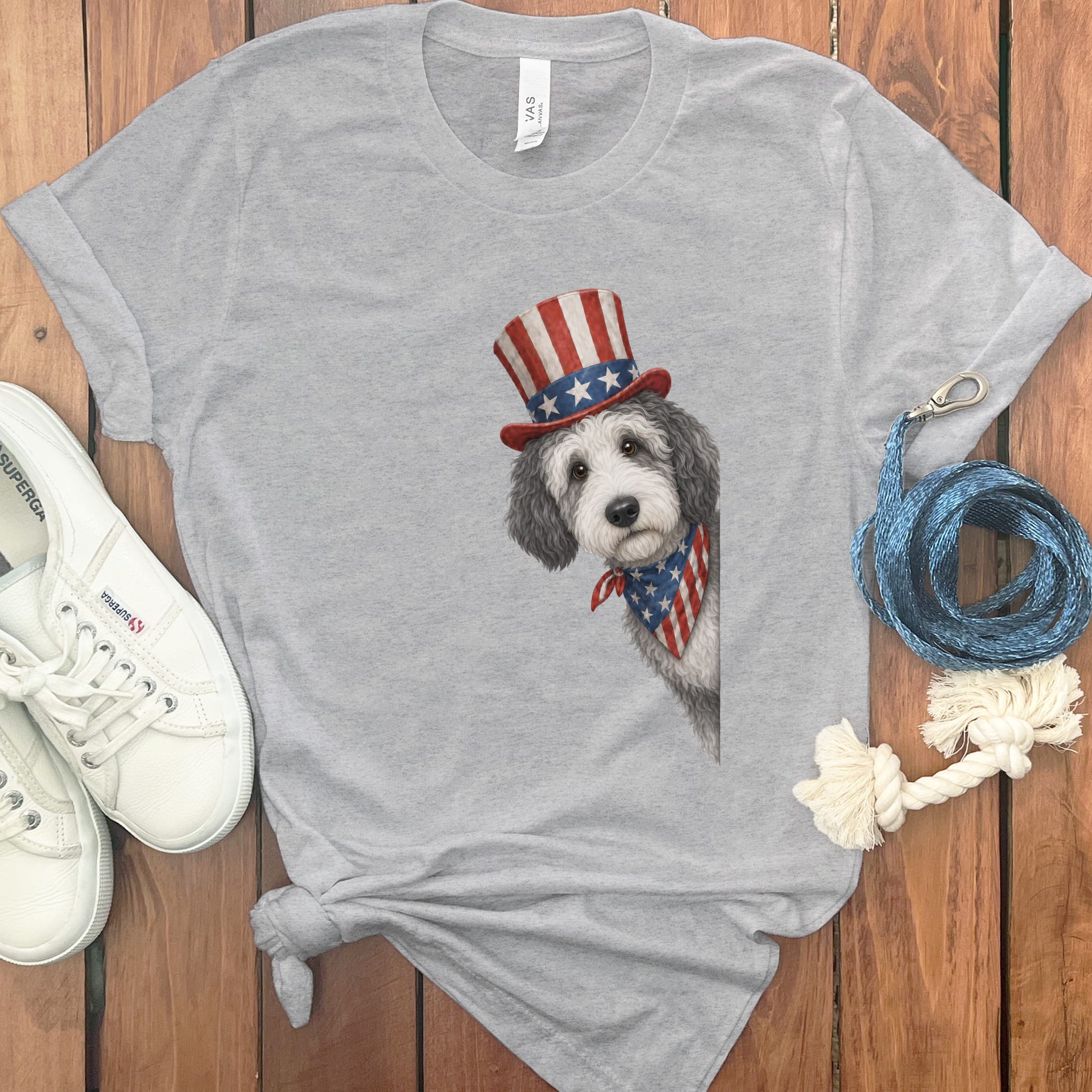 Patriotic Peeking Sheepadoodle T-Shirt in Athletic Heather / S by Puppy Jo