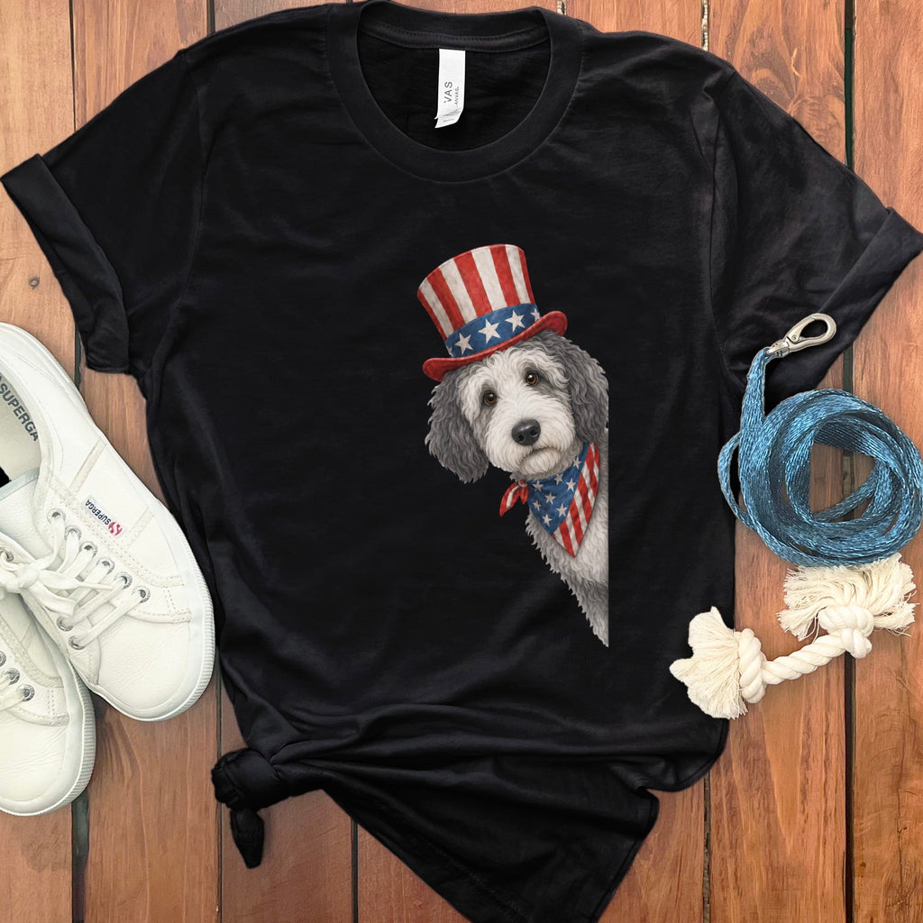 Patriotic Peeking Sheepadoodle T-Shirt in Black / S by Puppy Jo