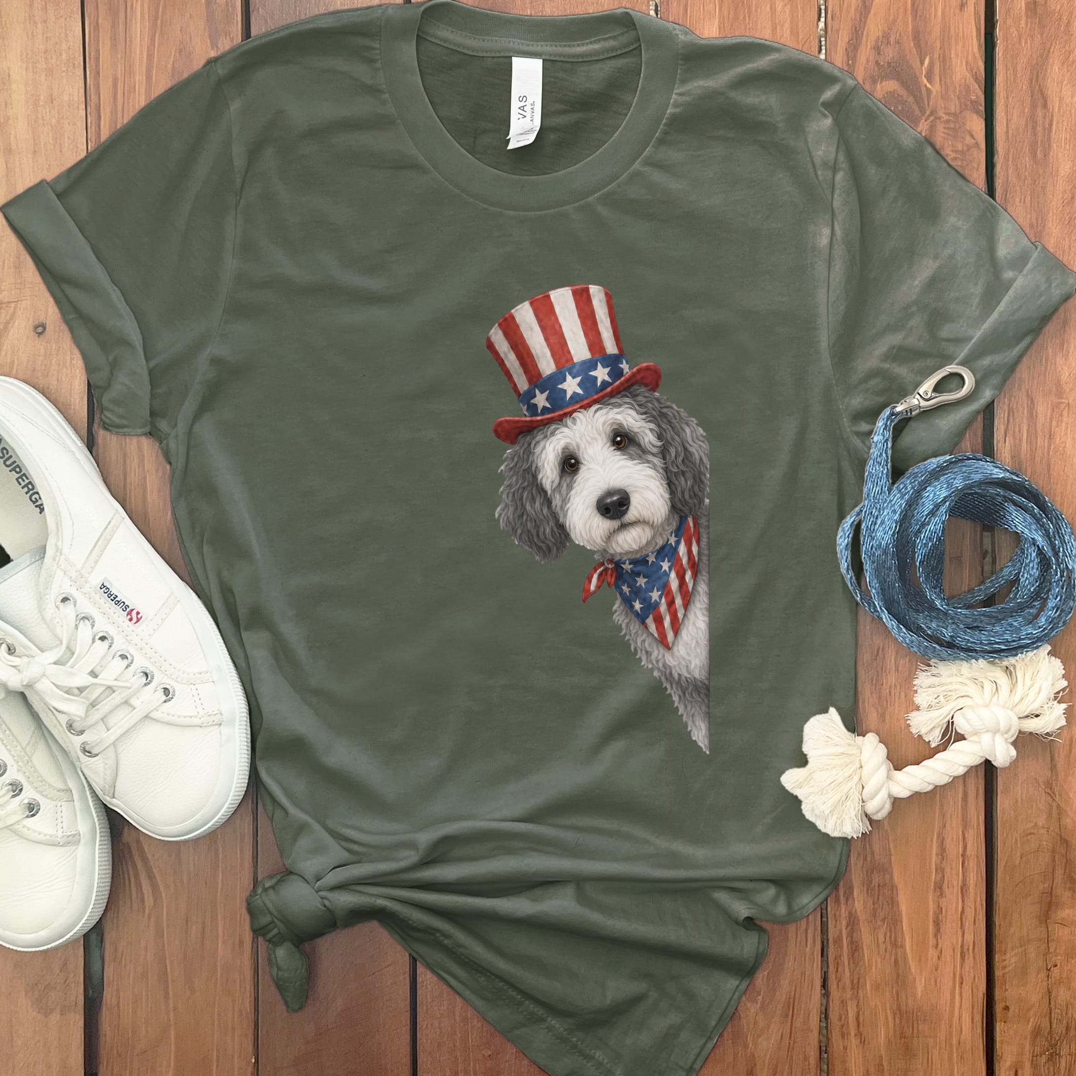 Patriotic Peeking Sheepadoodle T-Shirt in Military Green / S by Puppy Jo