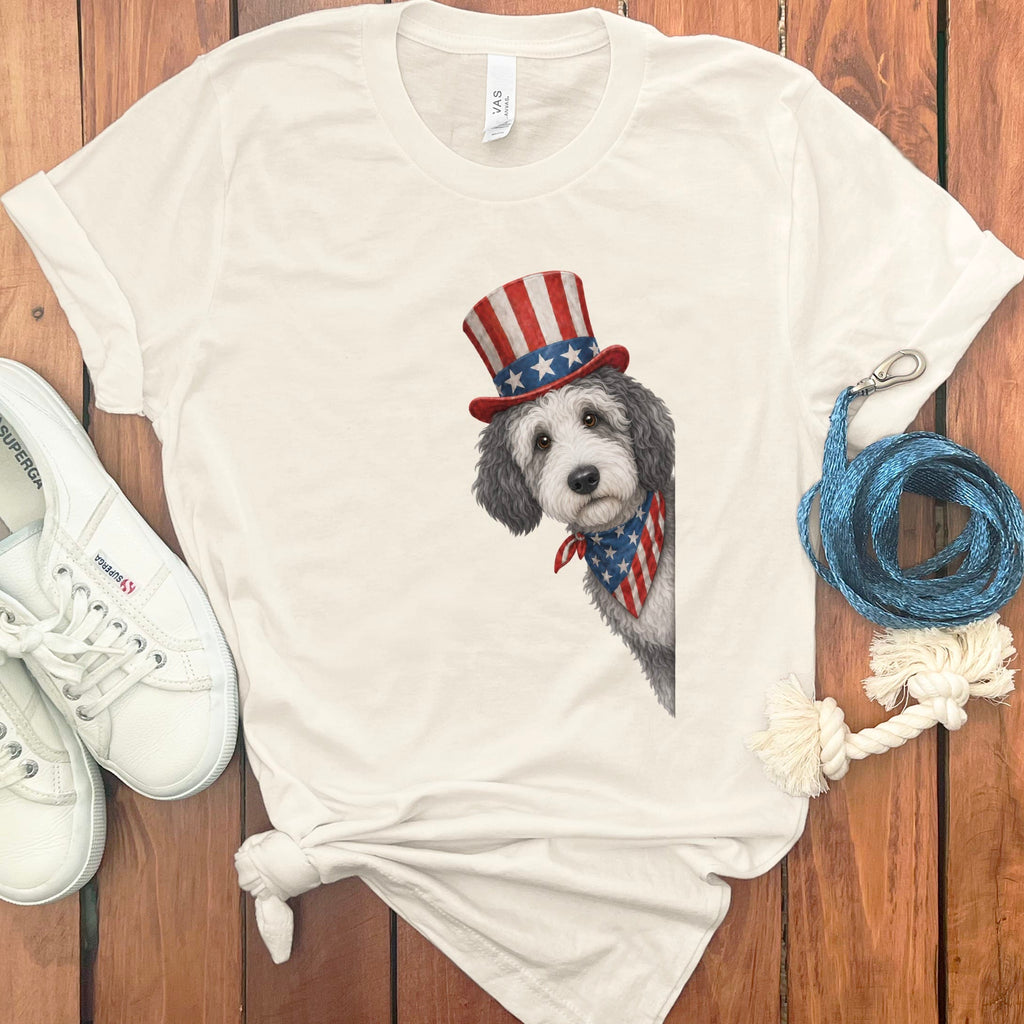 Patriotic Peeking Sheepadoodle T-Shirt in Natural / S by Puppy Jo