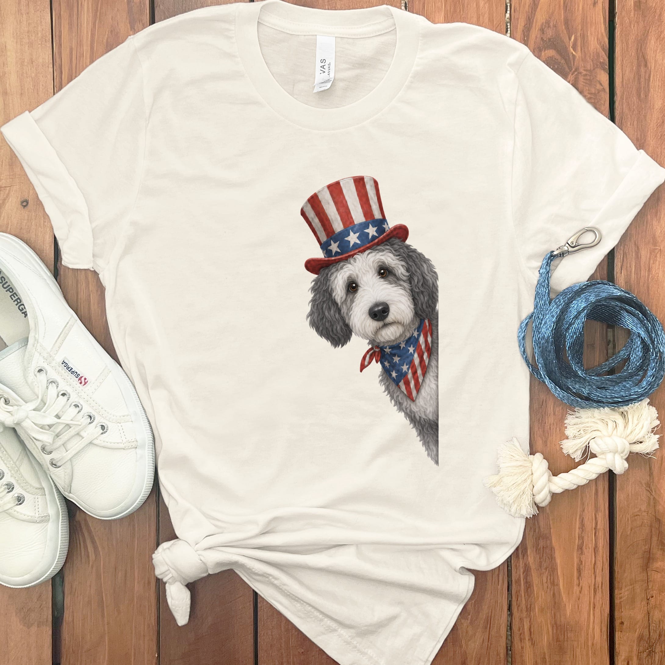 Patriotic Peeking Sheepadoodle T-Shirt in Natural / S by Puppy Jo