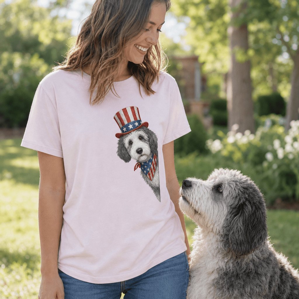 Patriotic Peeking Sheepadoodle T-Shirt in by Puppy Jo