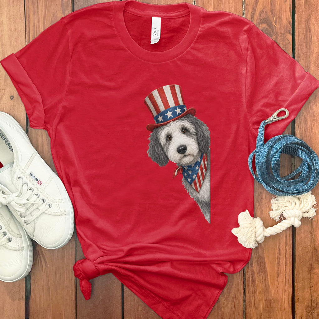 Patriotic Peeking Sheepadoodle T-Shirt in Red / S by Puppy Jo