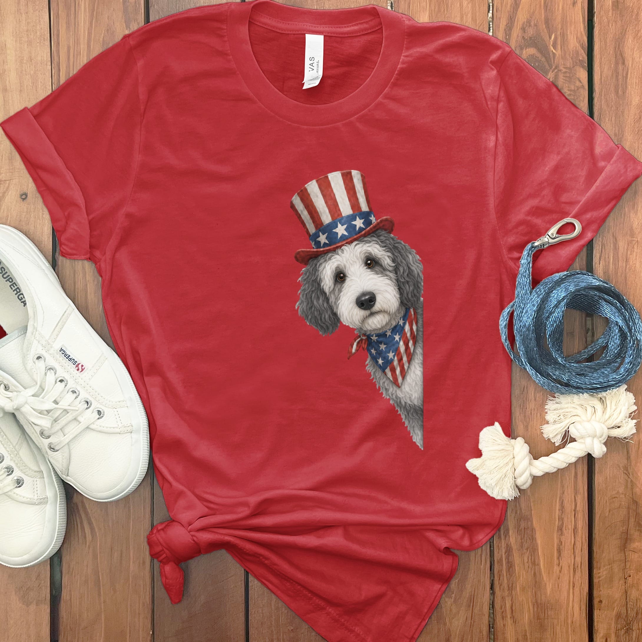 Patriotic Peeking Sheepadoodle T-Shirt in Red / S by Puppy Jo