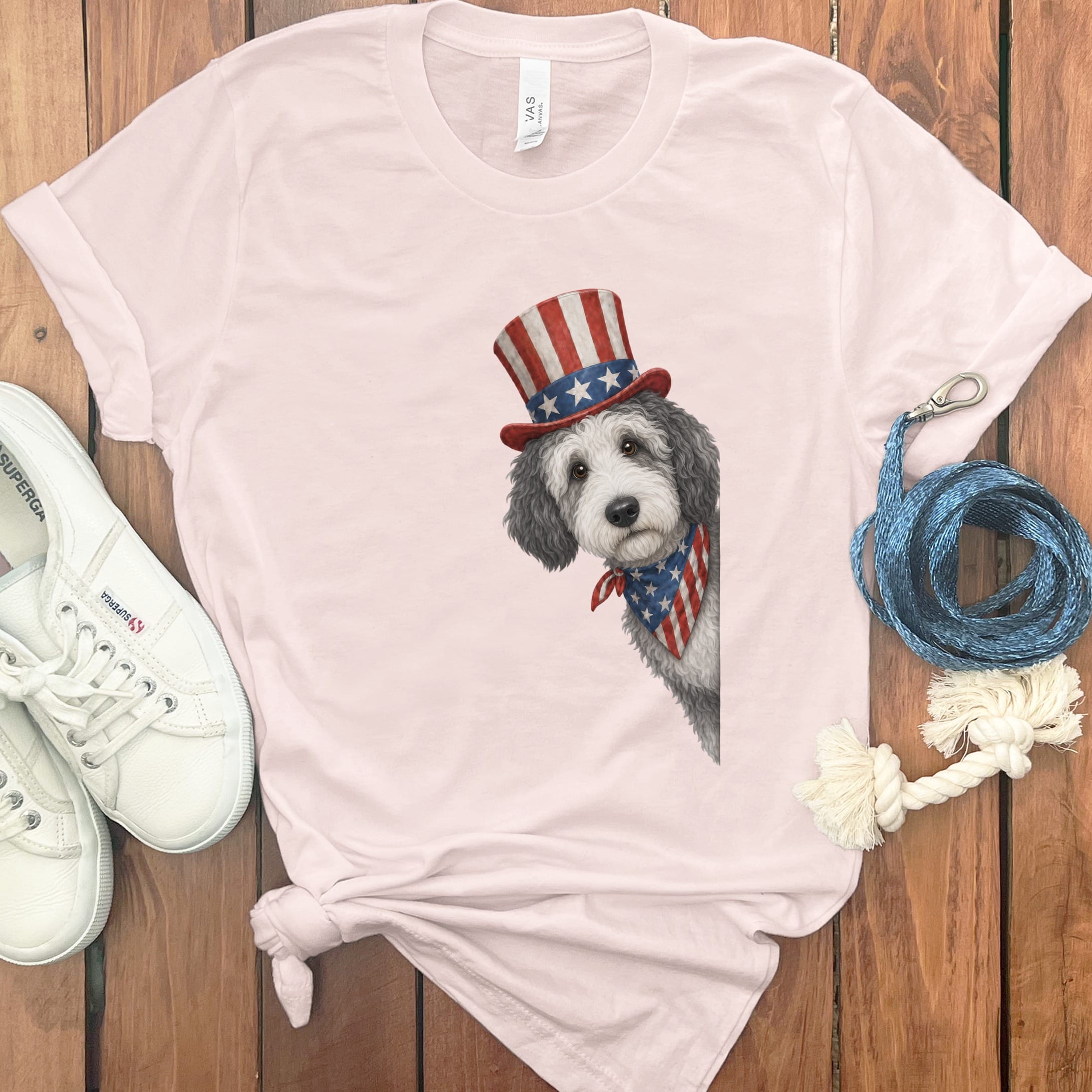 Patriotic Peeking Sheepadoodle T-Shirt in Soft Pink / S by Puppy Jo