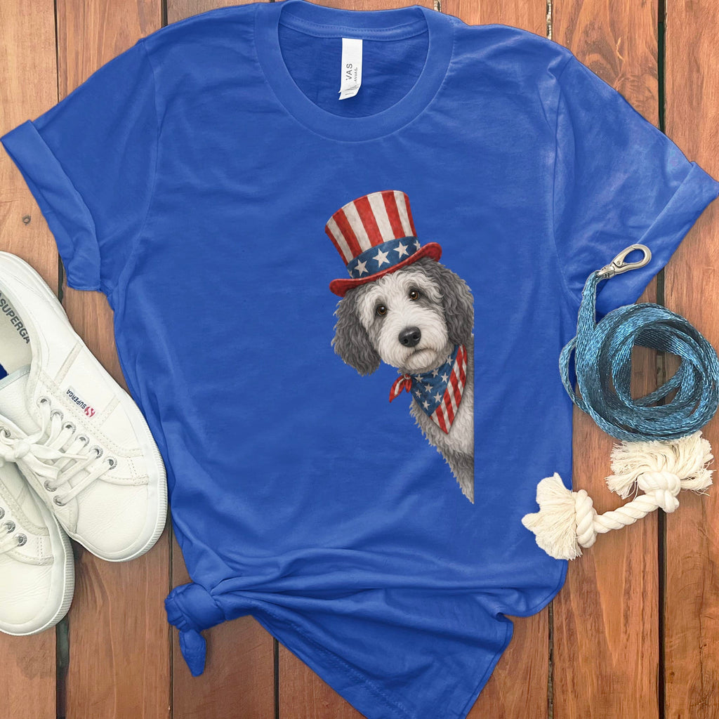 Patriotic Peeking Sheepadoodle T-Shirt in True Royal / S by Puppy Jo