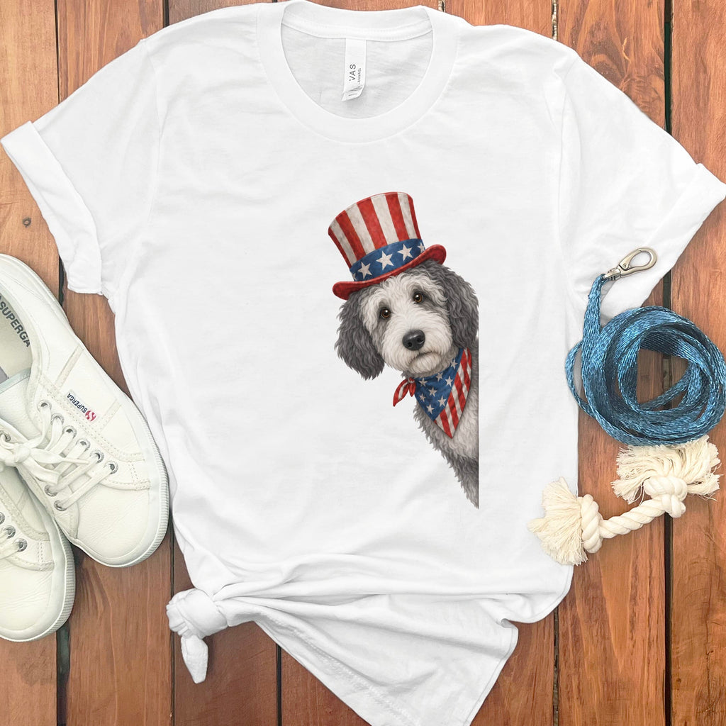 Patriotic Peeking Sheepadoodle T-Shirt in White / S by Puppy Jo