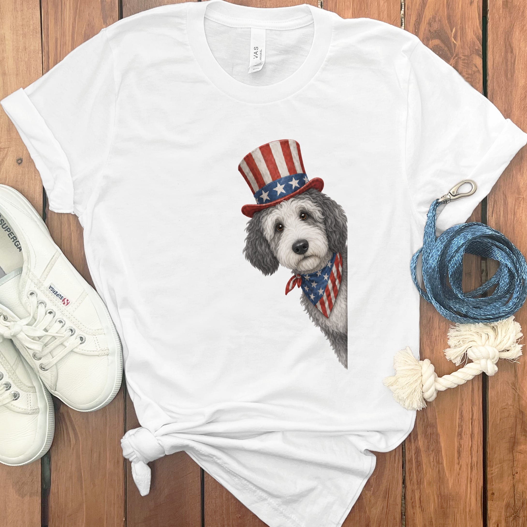 Patriotic Peeking Sheepadoodle T-Shirt in White / S by Puppy Jo