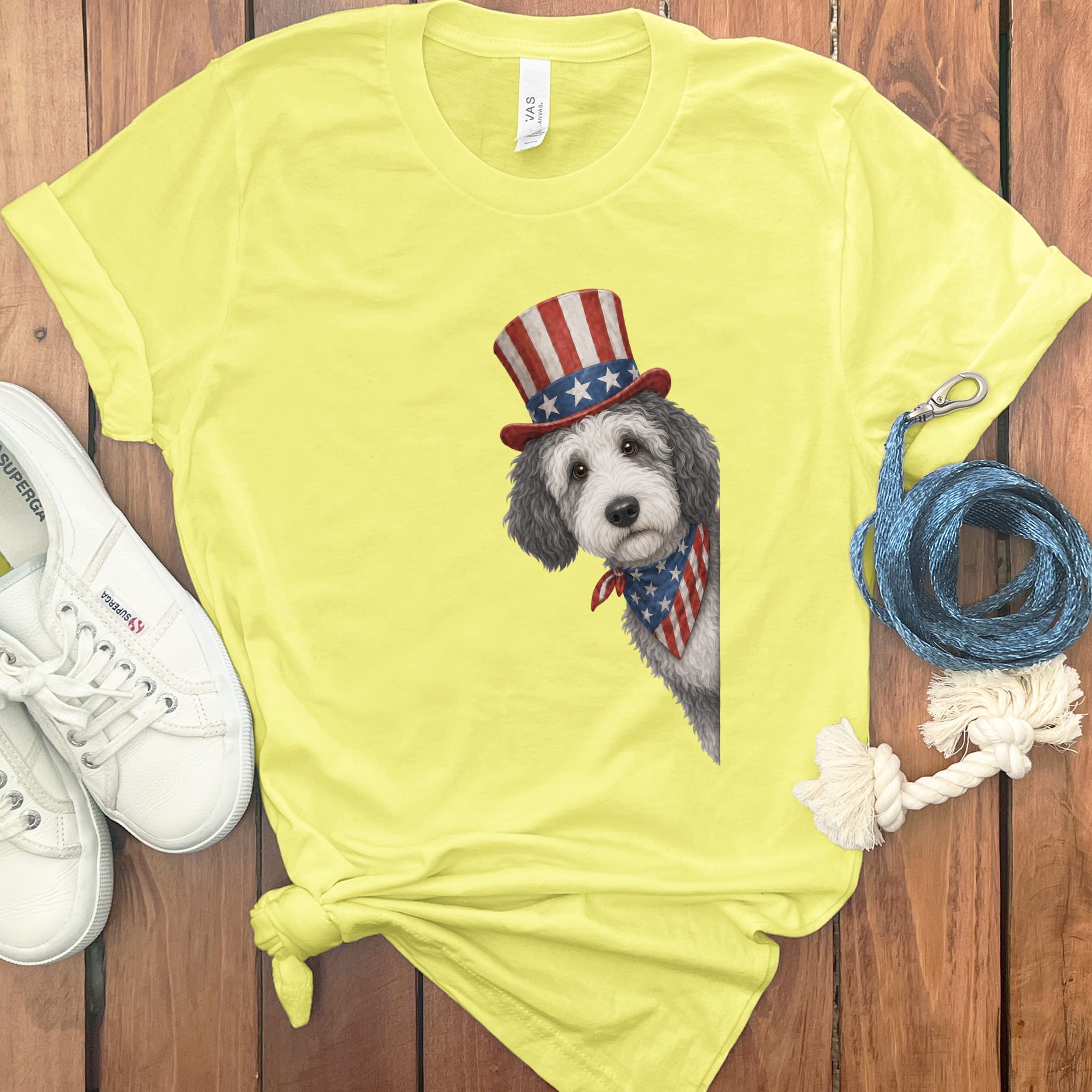Patriotic Peeking Sheepadoodle T-Shirt in Yellow / S by Puppy Jo
