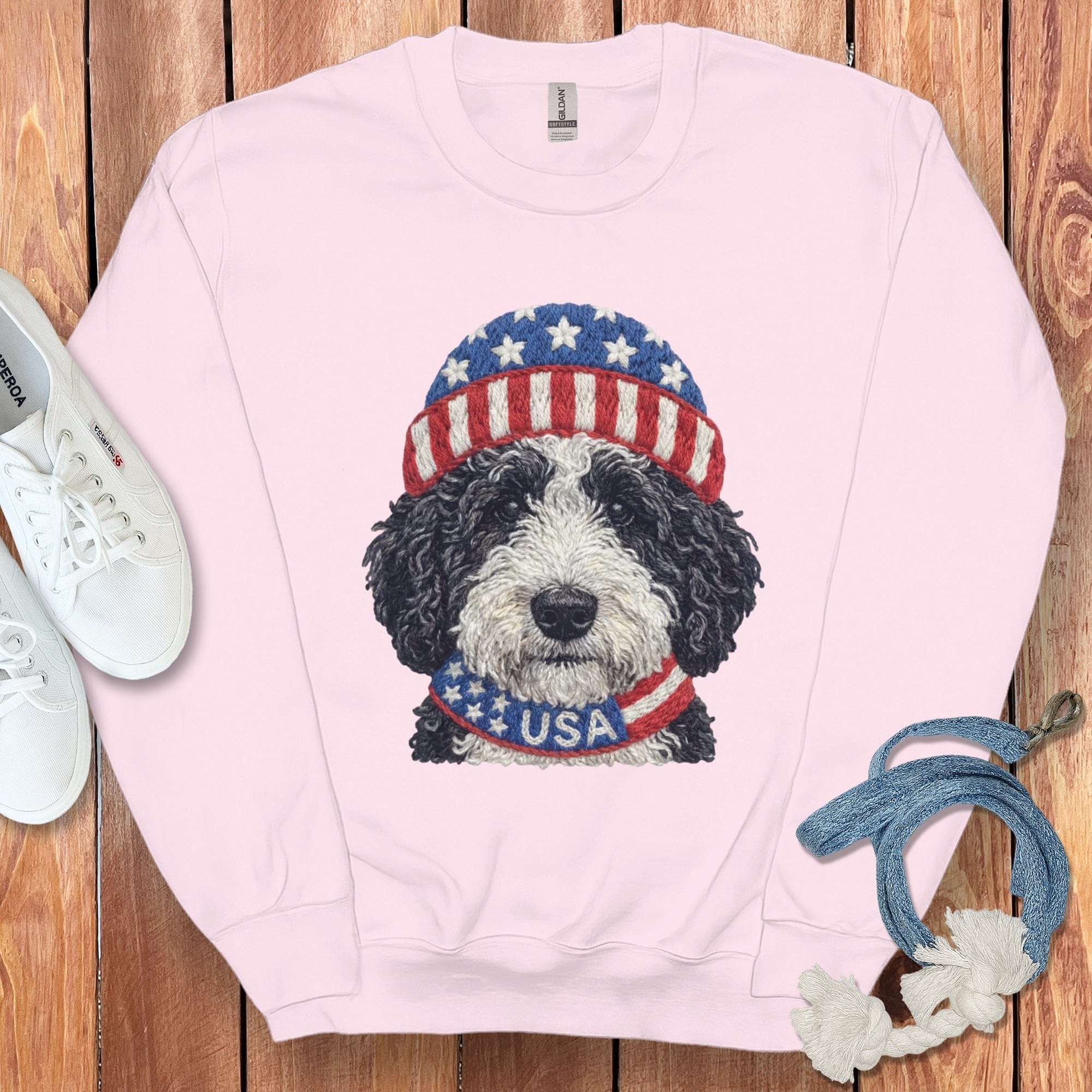Patriotic Schnoodle Sweatshirt in Light Pink / S by Puppy Jo