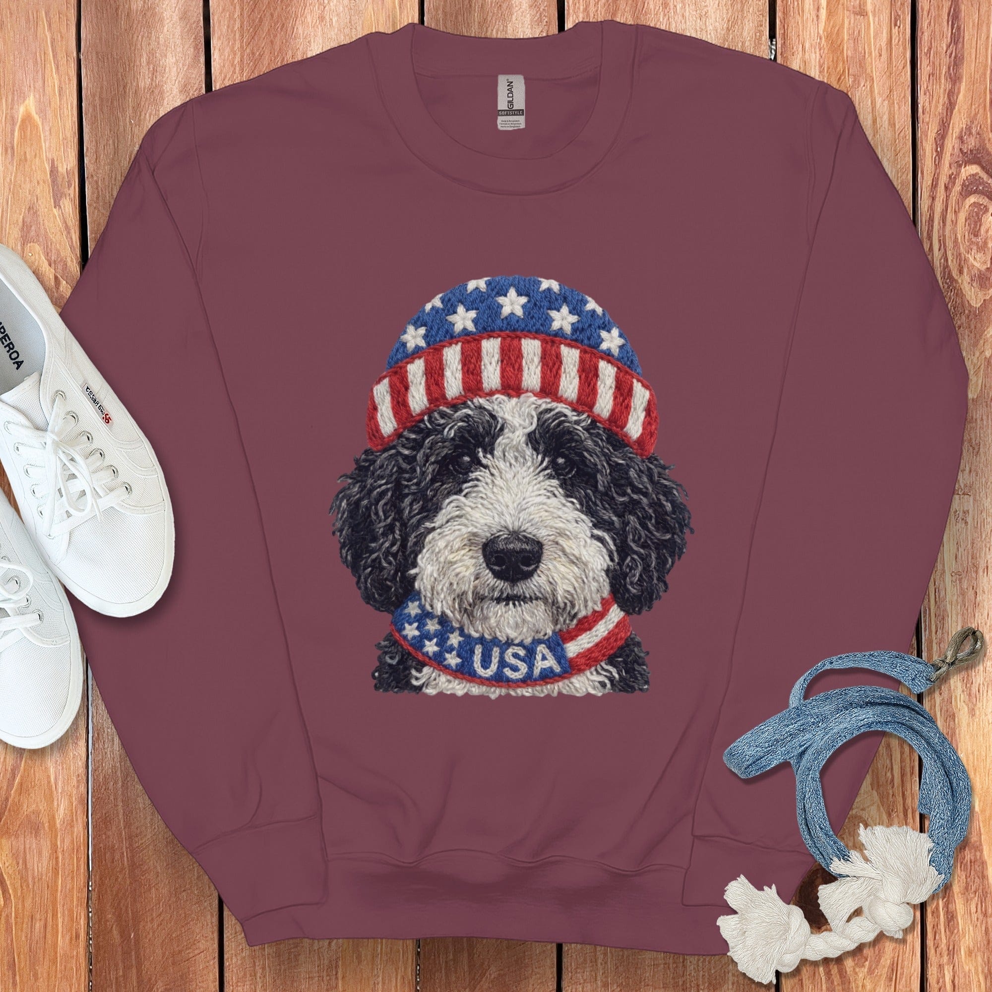 Patriotic Schnoodle Sweatshirt in Maroon / S by Puppy Jo