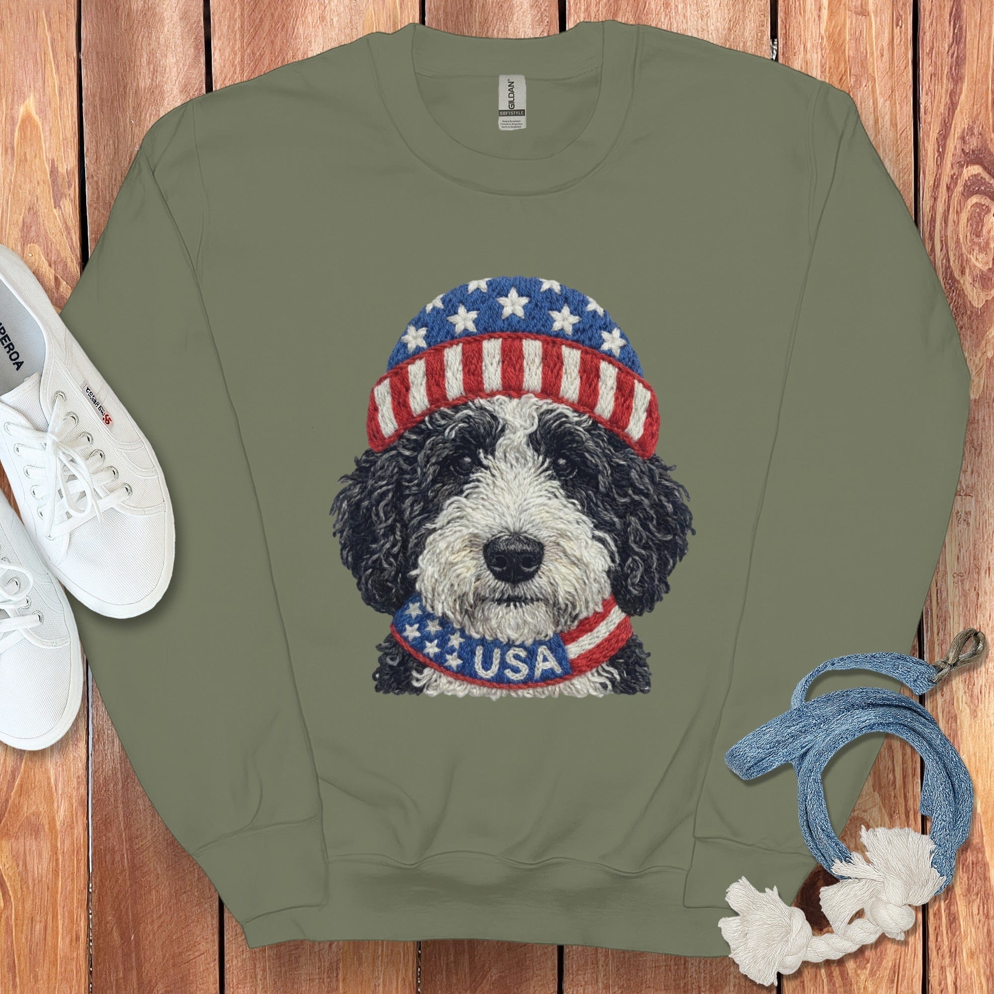 Patriotic Schnoodle Sweatshirt in Military Green / S by Puppy Jo