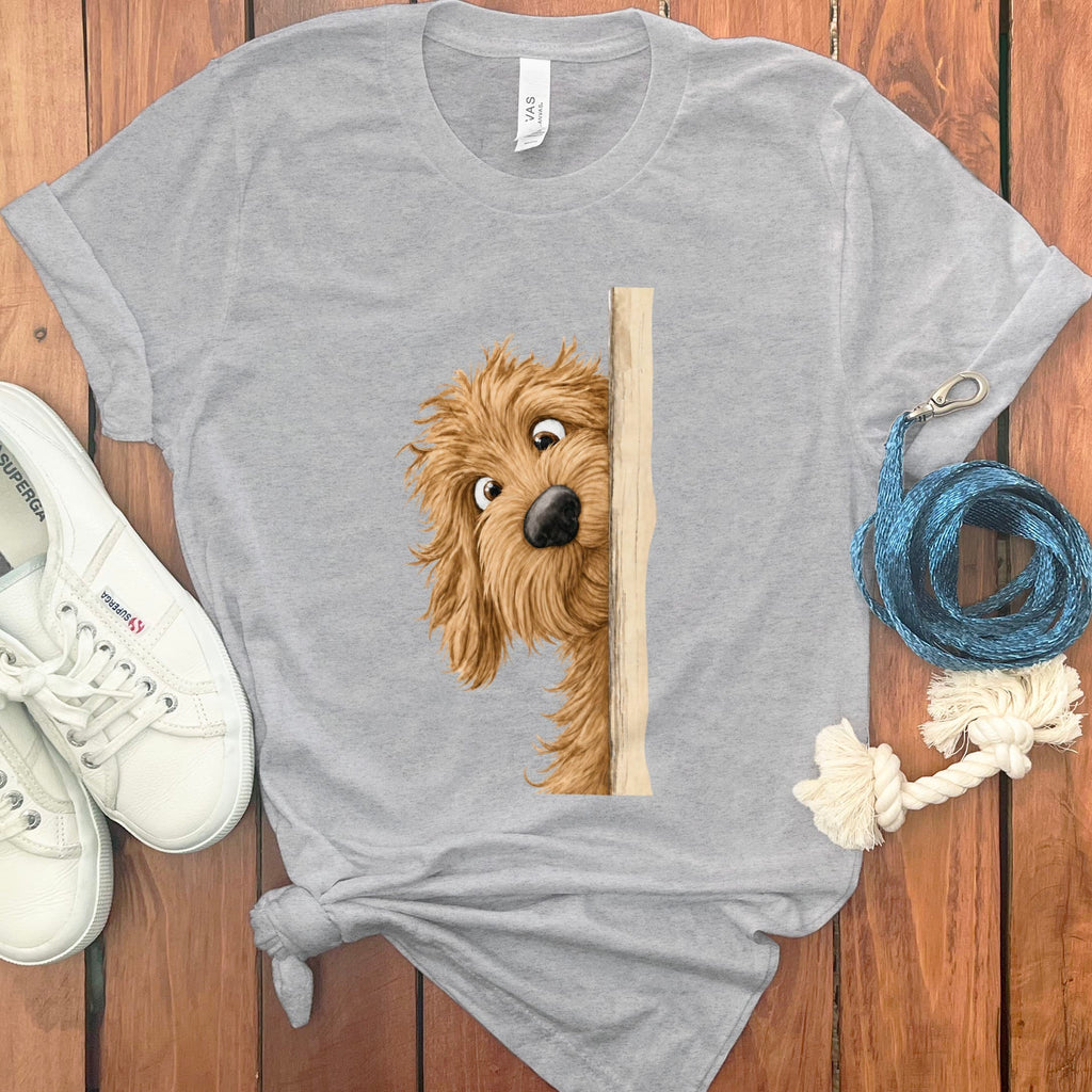 Peekaboo Apricot Goldendoodle T-Shirt in Athletic Heather / S by Puppy Jo