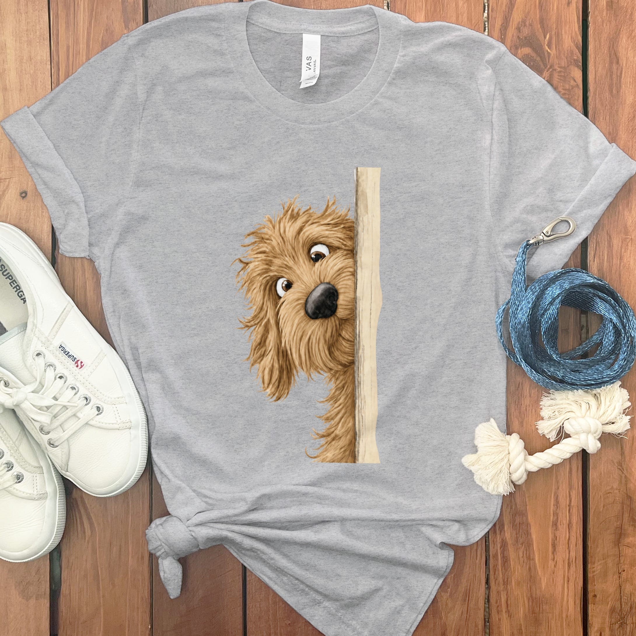 Peekaboo Apricot Goldendoodle T-Shirt in Athletic Heather / S by Puppy Jo