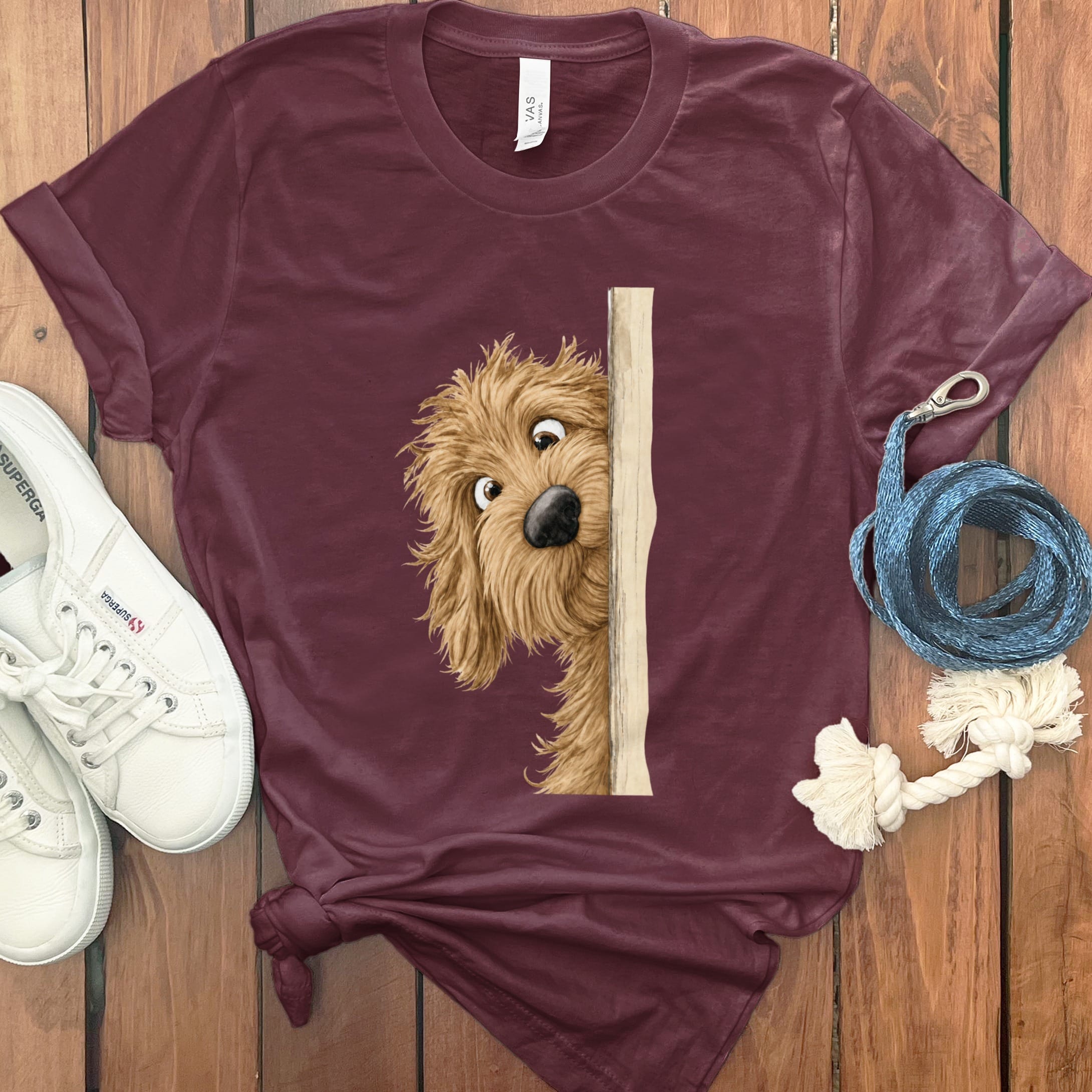 Peekaboo Apricot Goldendoodle T-Shirt in Maroon / S by Puppy Jo