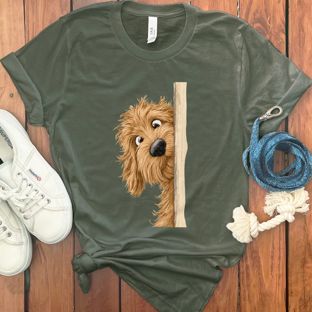 Peekaboo Apricot Goldendoodle T-Shirt in Military Green / S by Puppy Jo