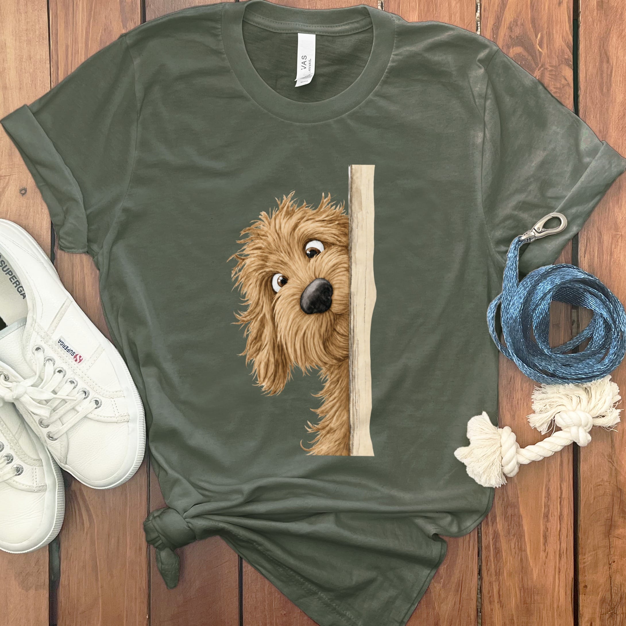 Peekaboo Apricot Goldendoodle T-Shirt in Military Green / S by Puppy Jo