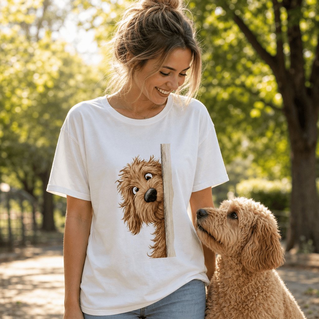 Peekaboo Apricot Goldendoodle T-Shirt in by Puppy Jo