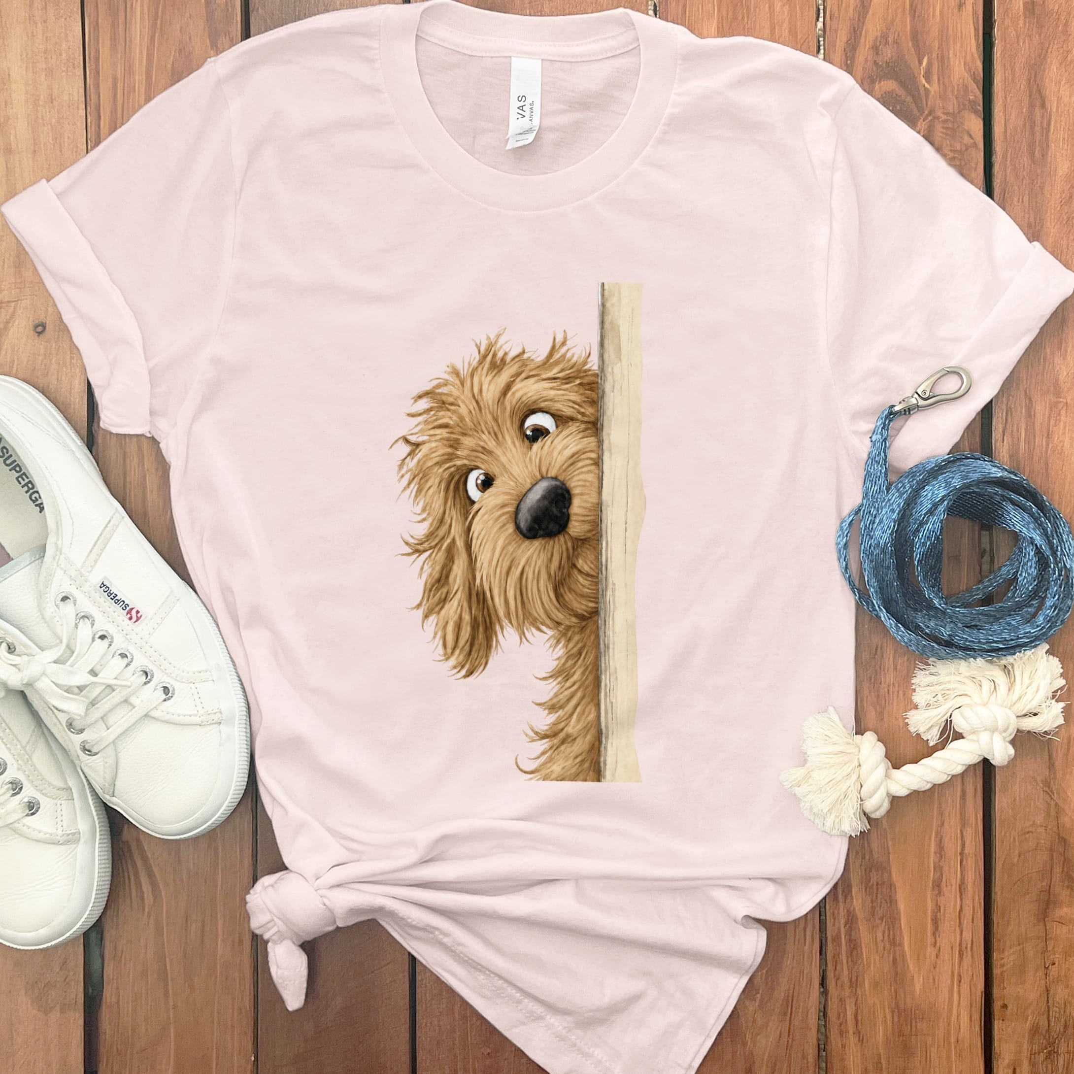 Peekaboo Apricot Goldendoodle T-Shirt in Soft Pink / S by Puppy Jo