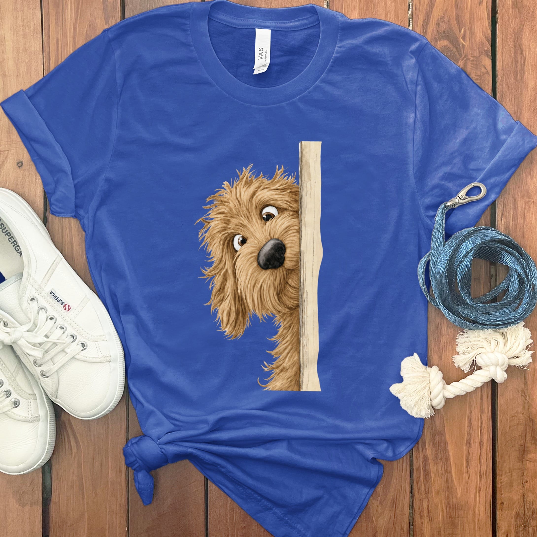 Peekaboo Apricot Goldendoodle T-Shirt in True Royal / S by Puppy Jo