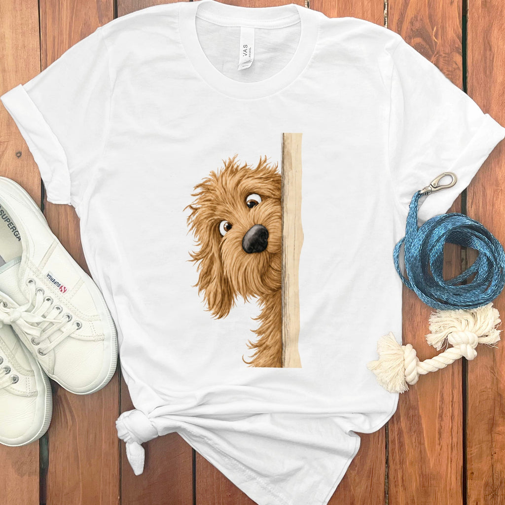 Peekaboo Apricot Goldendoodle T-Shirt in White / S by Puppy Jo