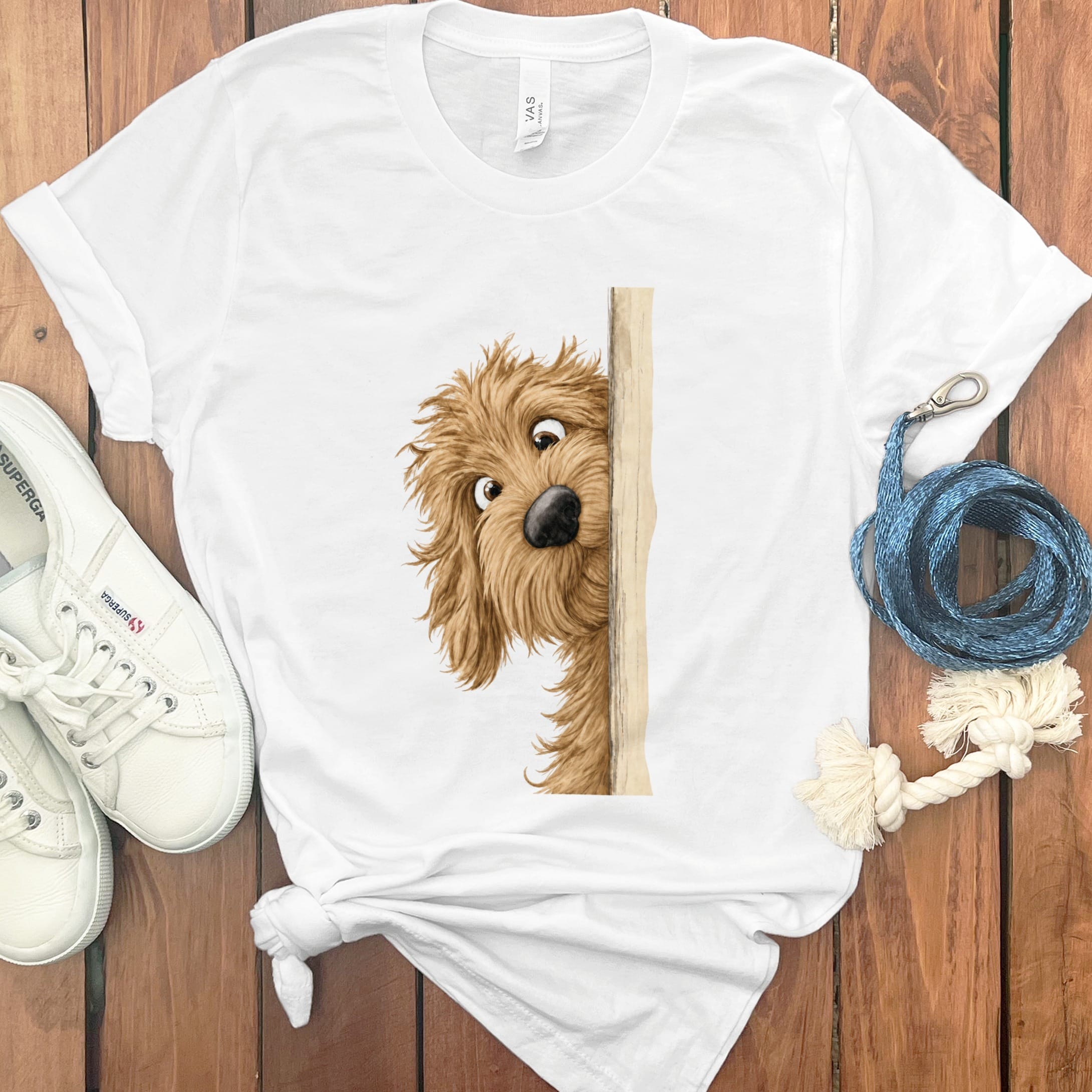 Peekaboo Apricot Goldendoodle T-Shirt in White / S by Puppy Jo
