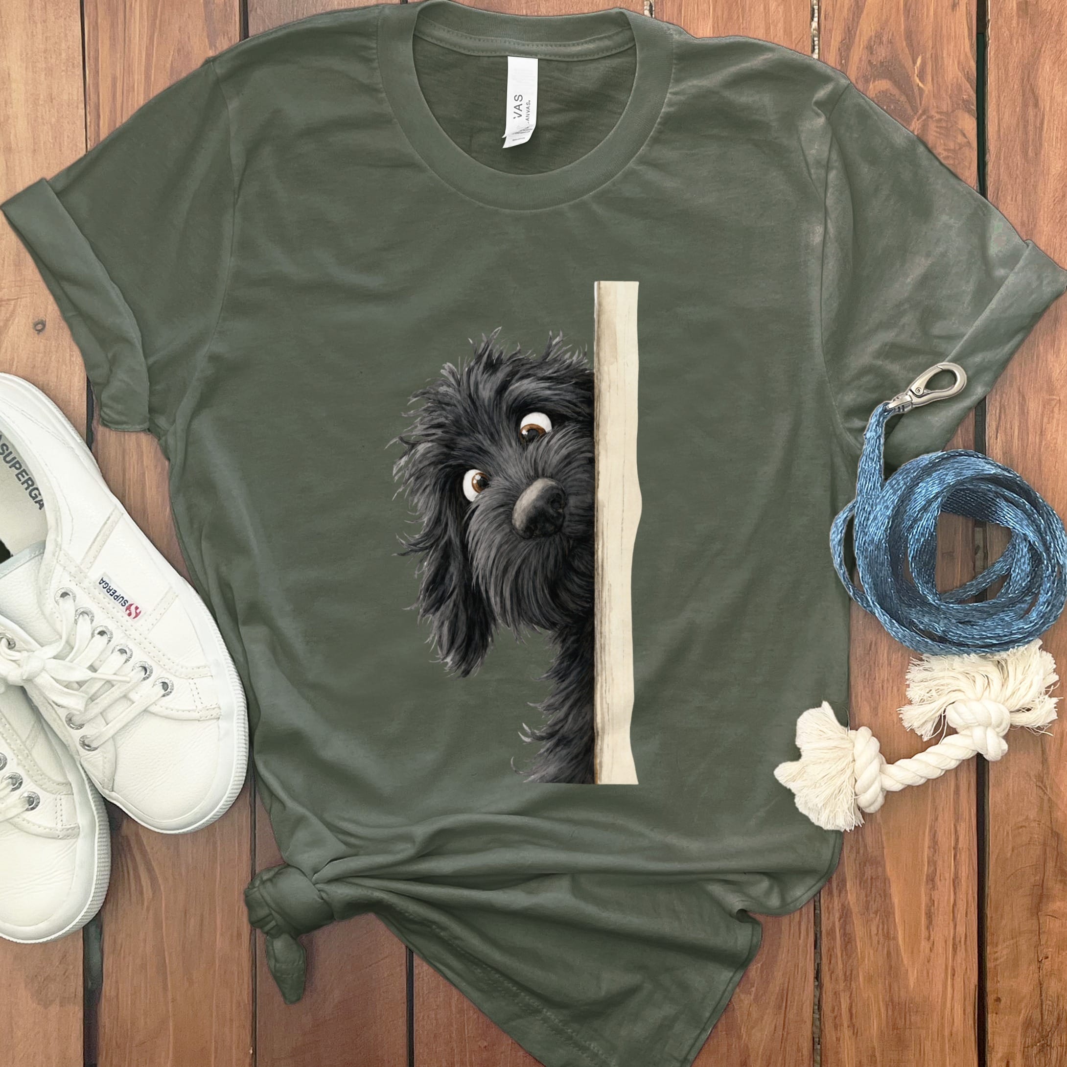 Peekaboo Black Goldendoodle T-Shirt in Military Green / S by Puppy Jo