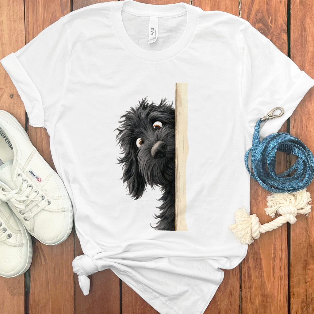 Peekaboo Black Goldendoodle T-Shirt in White / S by Puppy Jo