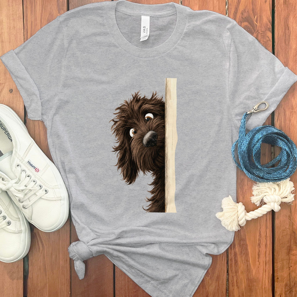 Peekaboo Chocolate Goldendoodle T-Shirt in Athletic Heather / S by Puppy Jo