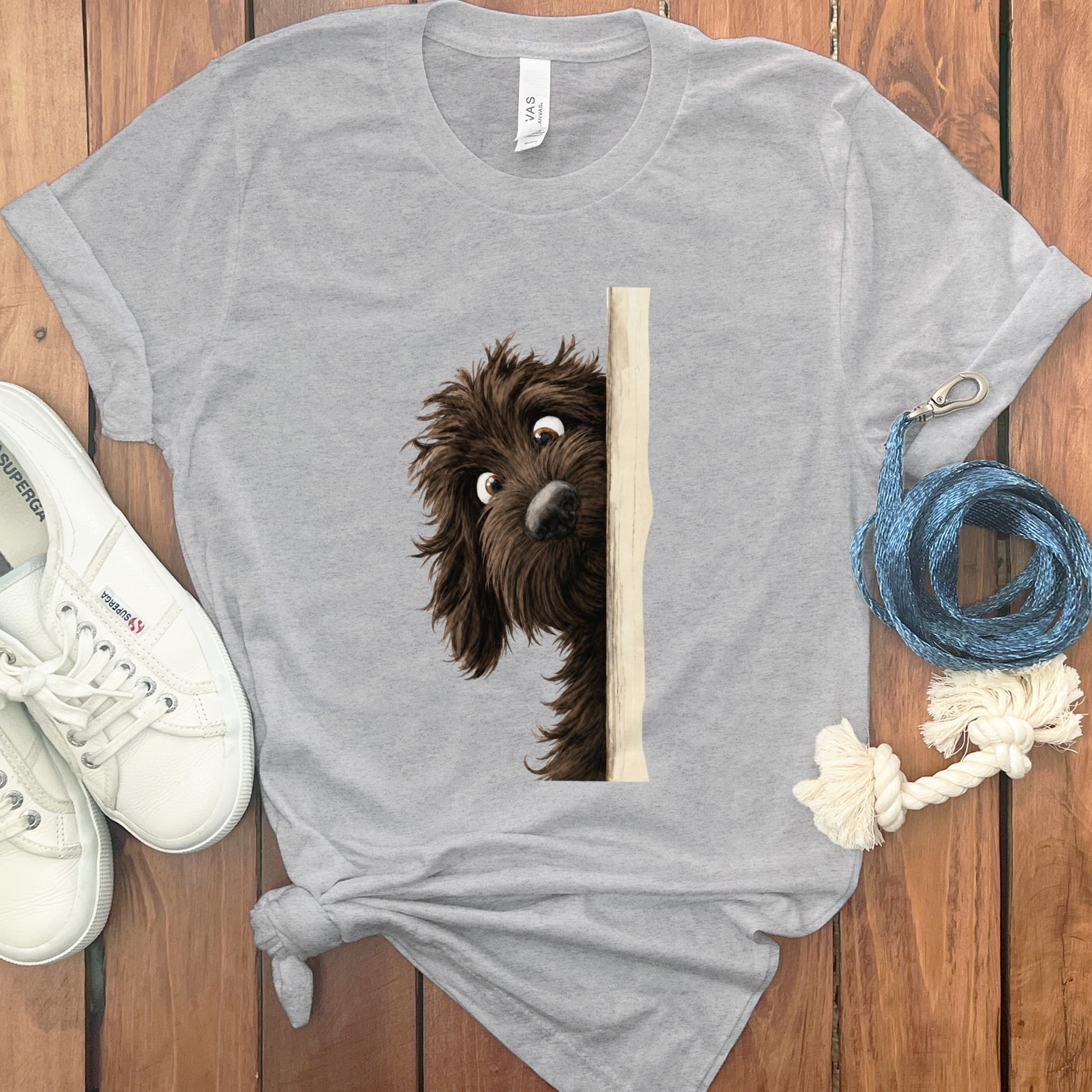 Peekaboo Chocolate Goldendoodle T-Shirt in Athletic Heather / S by Puppy Jo