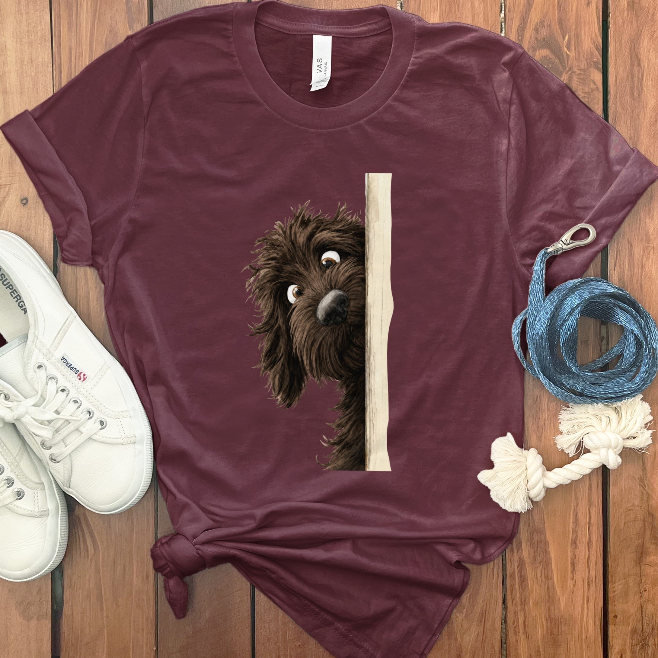 Peekaboo Chocolate Goldendoodle T-Shirt in Maroon / S by Puppy Jo