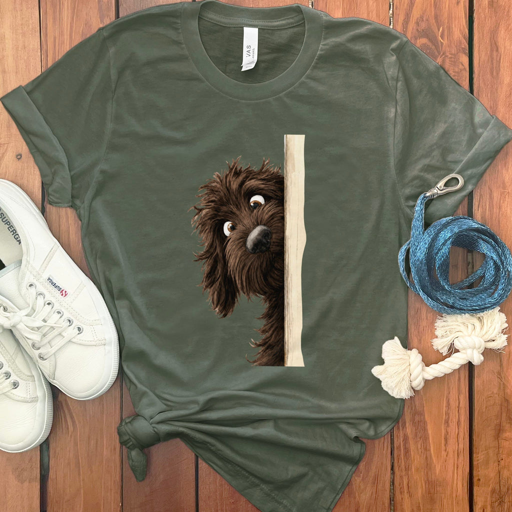 Peekaboo Chocolate Goldendoodle T-Shirt in Military Green / S by Puppy Jo