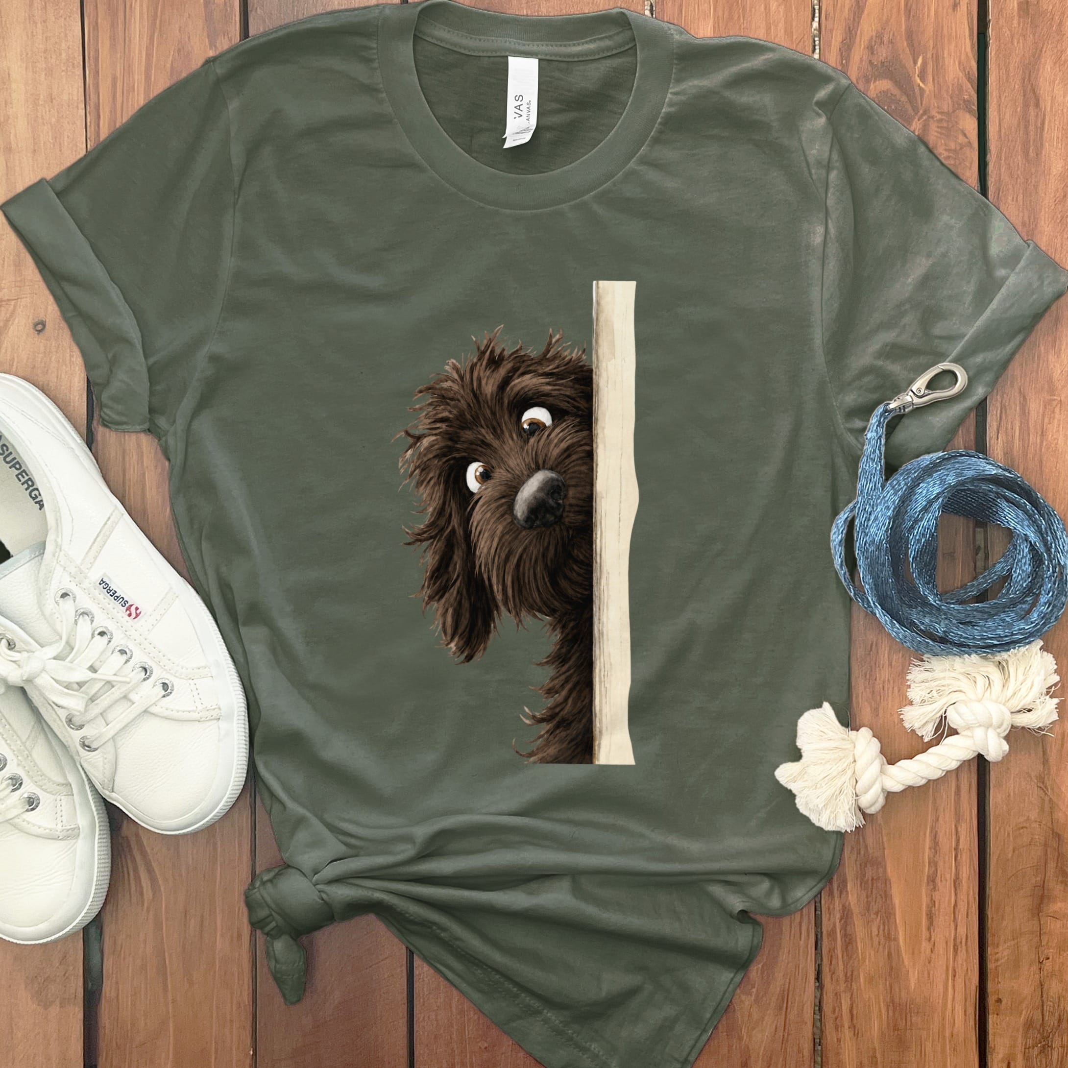 Peekaboo Chocolate Goldendoodle T-Shirt in Military Green / S by Puppy Jo