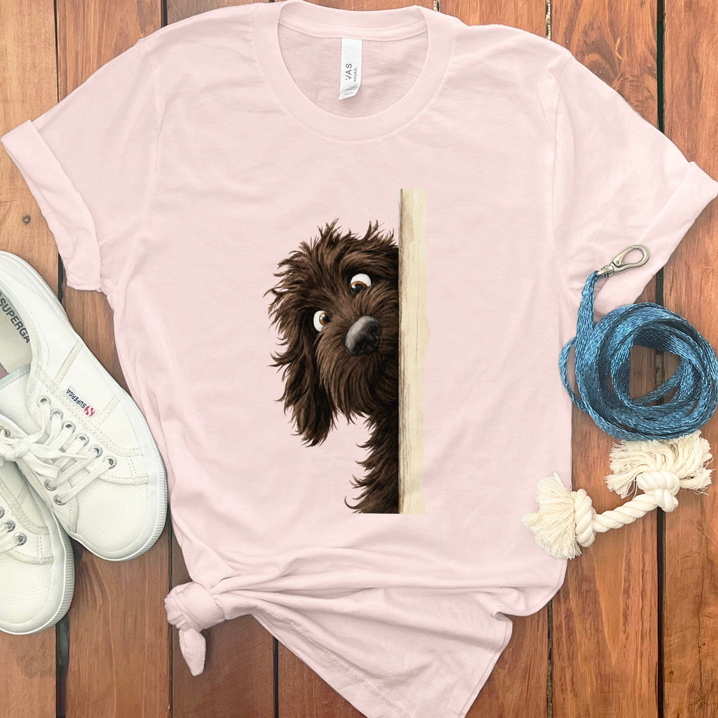Peekaboo Chocolate Goldendoodle T-Shirt in Soft Pink / S by Puppy Jo