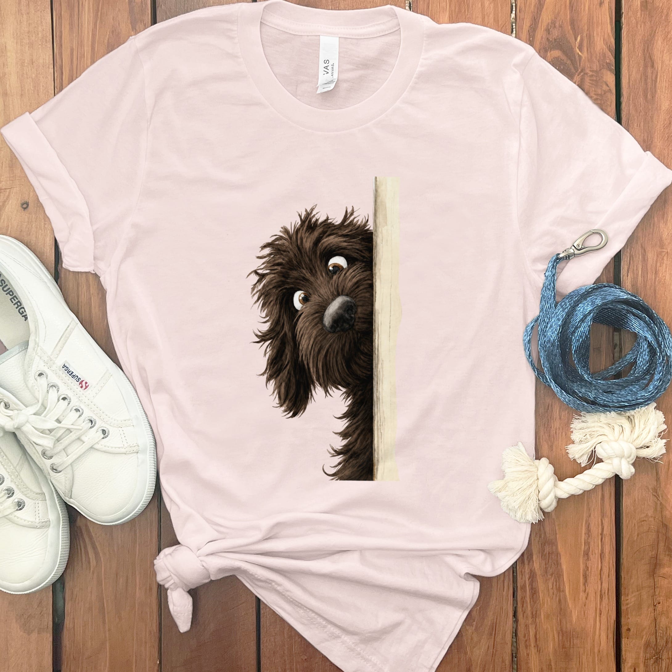 Peekaboo Chocolate Goldendoodle T-Shirt in Soft Pink / S by Puppy Jo