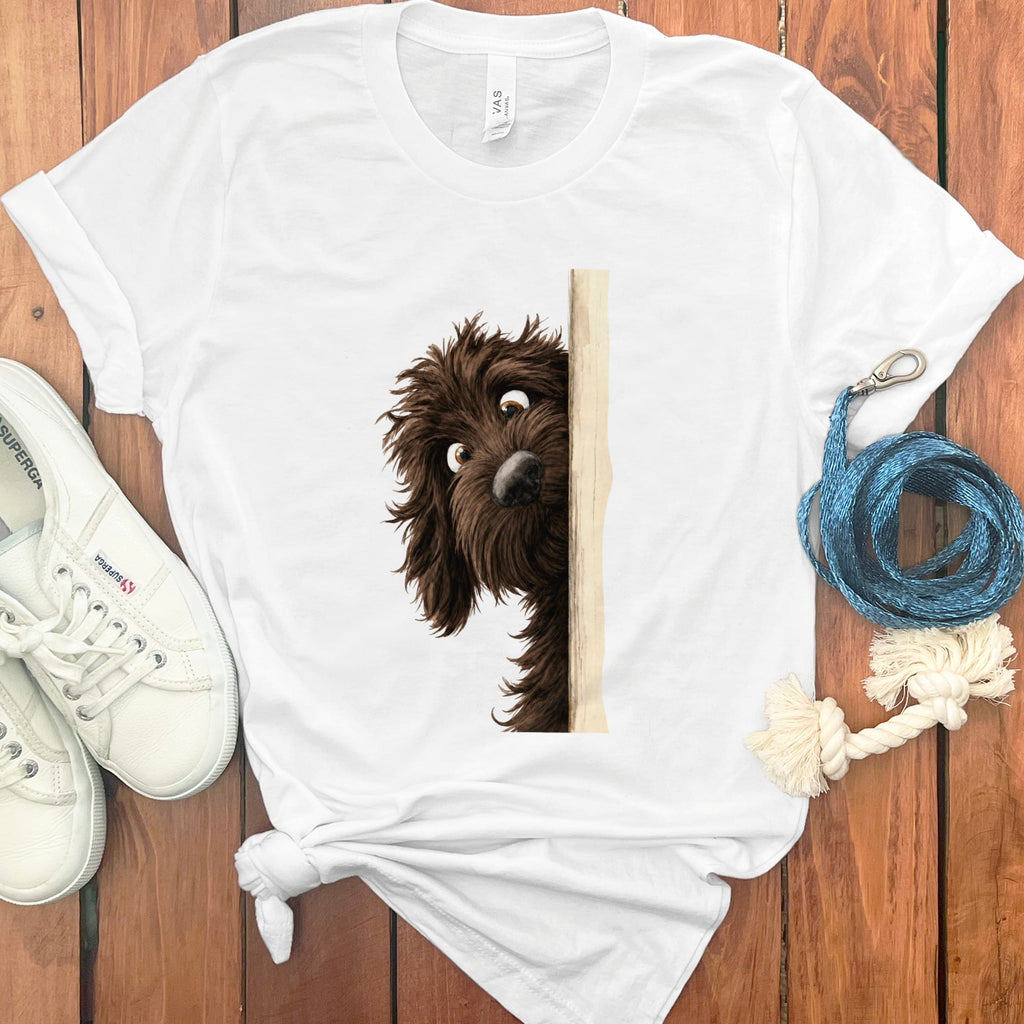 Peekaboo Chocolate Goldendoodle T-Shirt in White / S by Puppy Jo