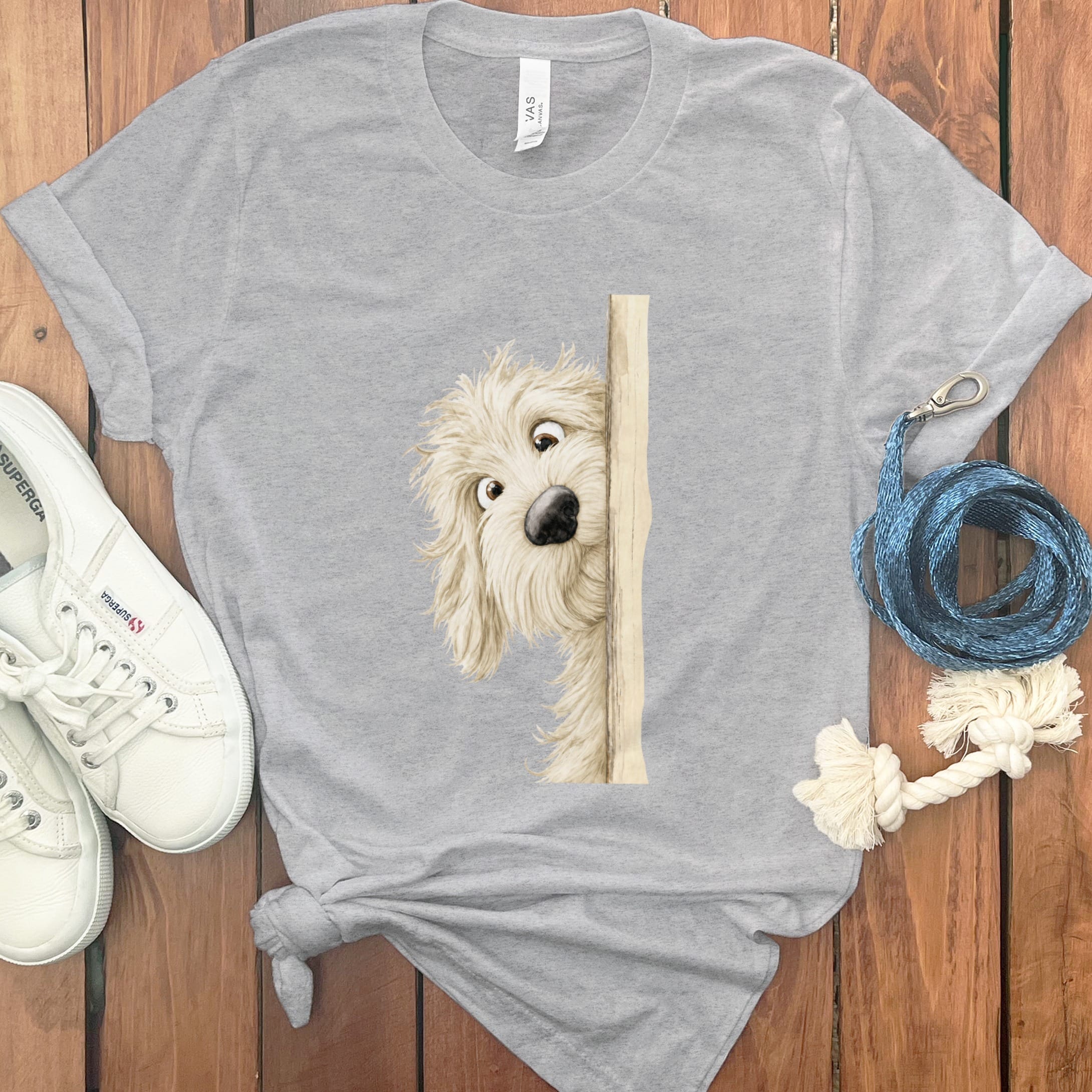 Peekaboo Cream Goldendoodle T-Shirt in Athletic Heather / S by Puppy Jo