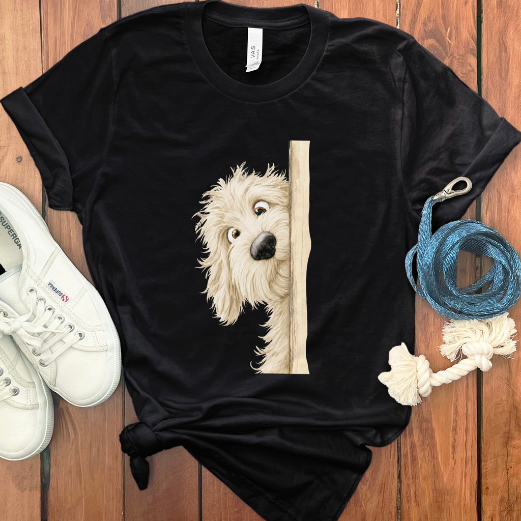 Peekaboo Cream Goldendoodle T-Shirt in Black / S by Puppy Jo