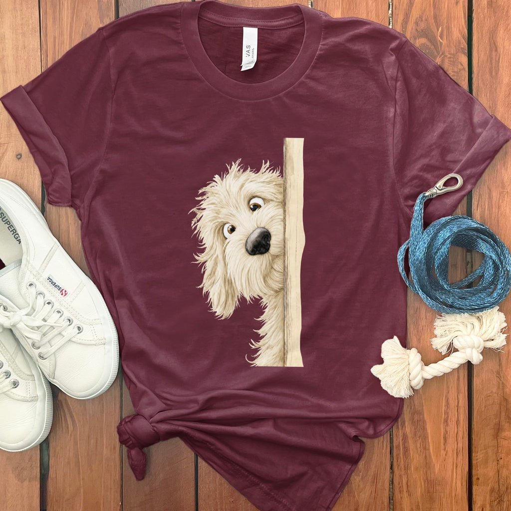 Peekaboo Cream Goldendoodle T-Shirt in Maroon / S by Puppy Jo