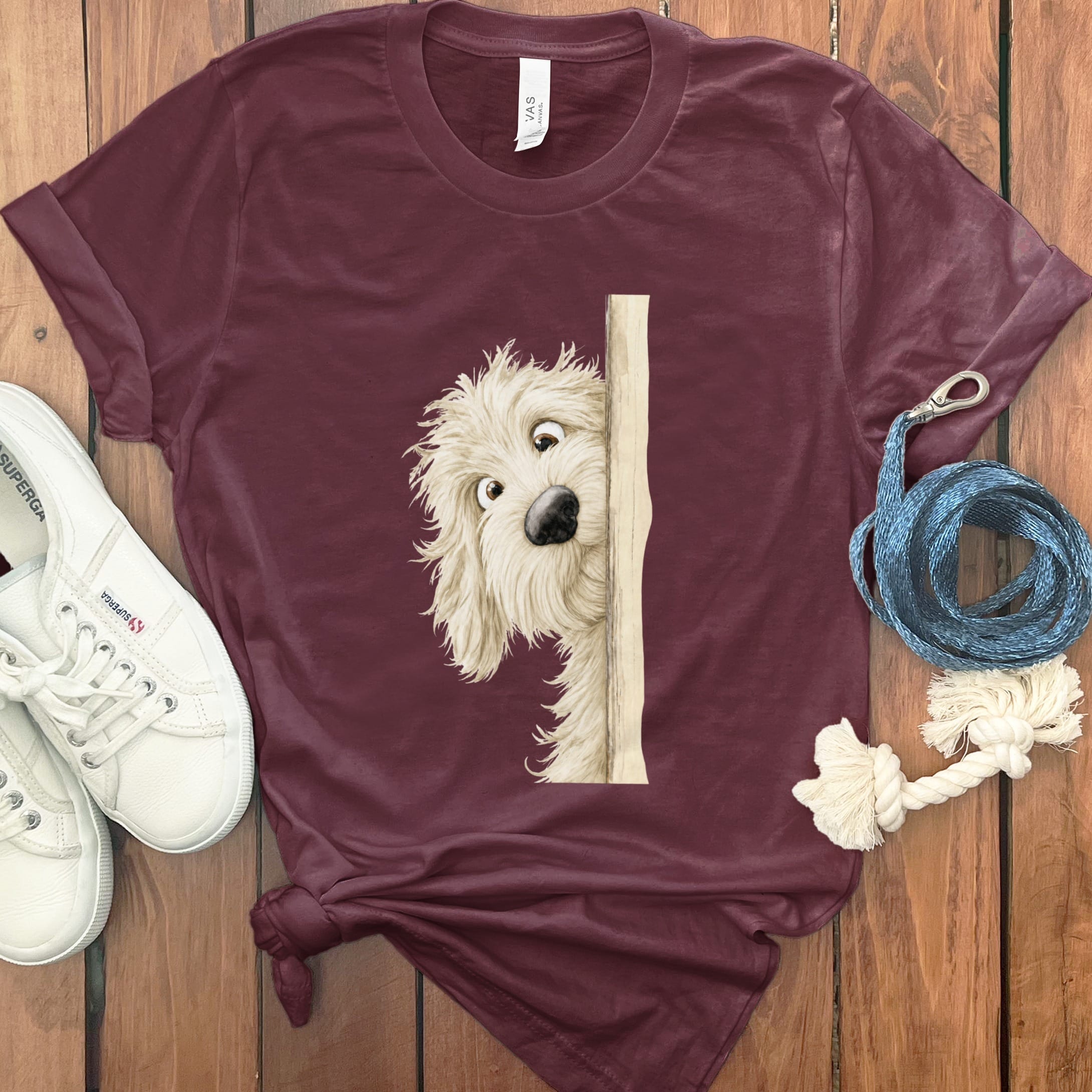 Peekaboo Cream Goldendoodle T-Shirt in Maroon / S by Puppy Jo